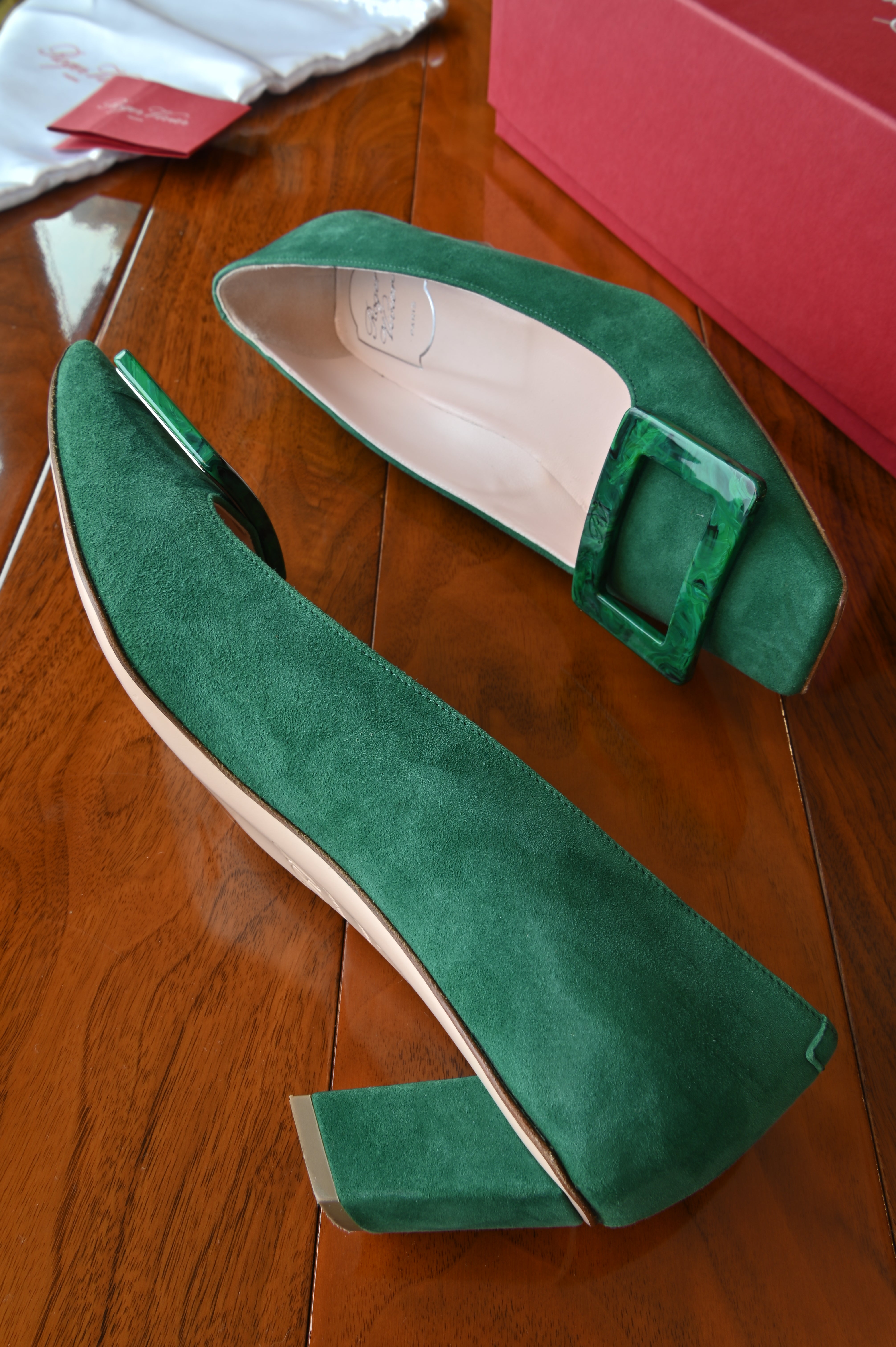 Roger Vivier Emerald Green Suede Stone Buckle Pumps side two