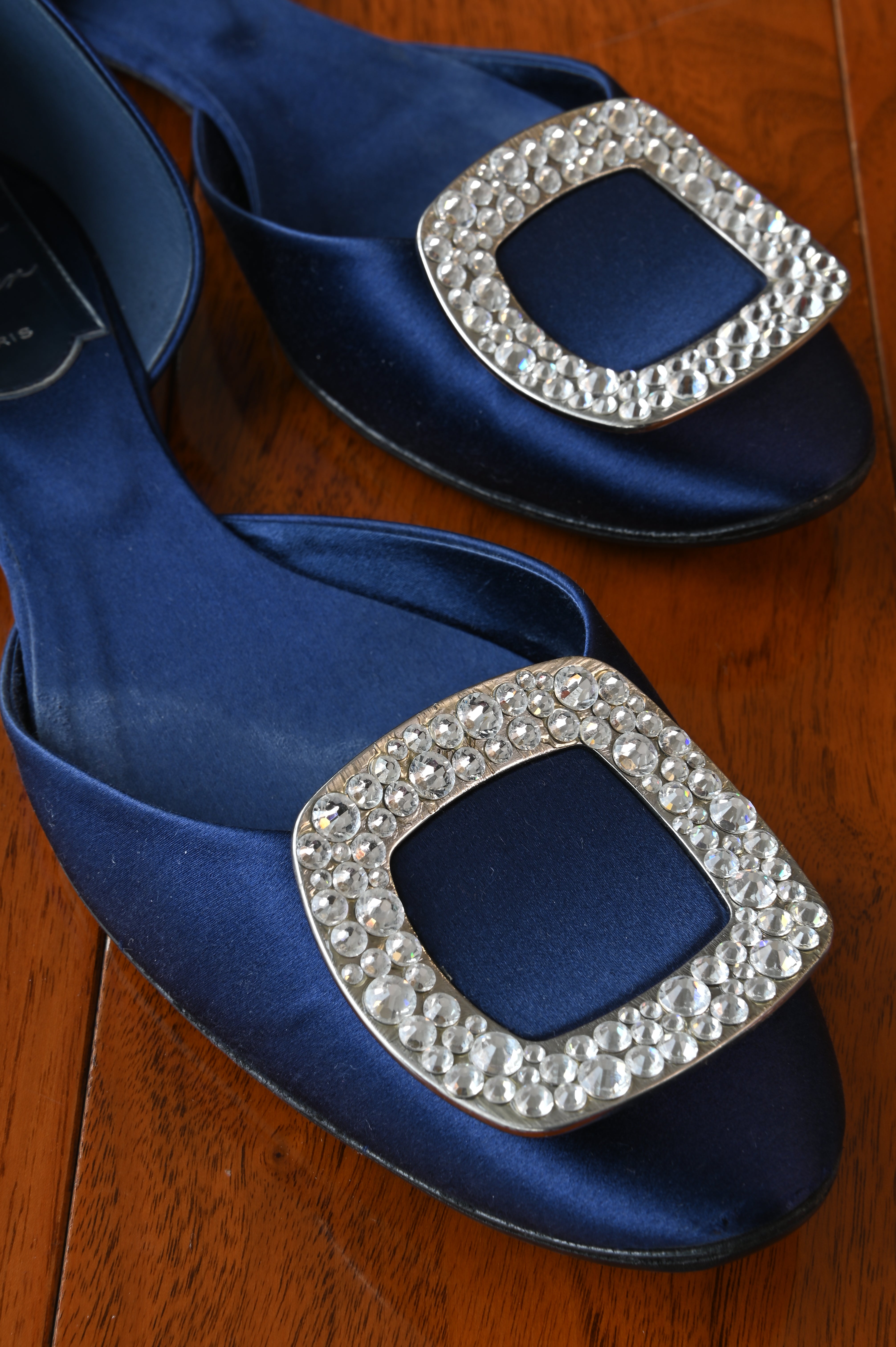 Roger Vivier Navy Blue Satin Crystal Embellished Mules front