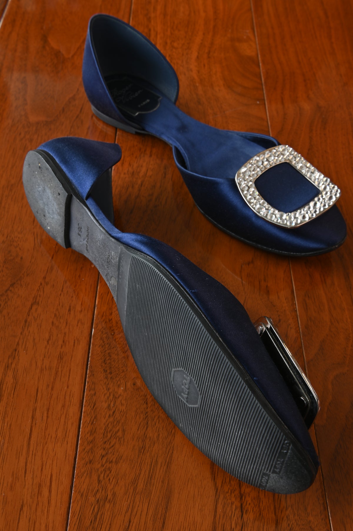 Roger Vivier Navy Blue Satin Crystal Embellished Mules left