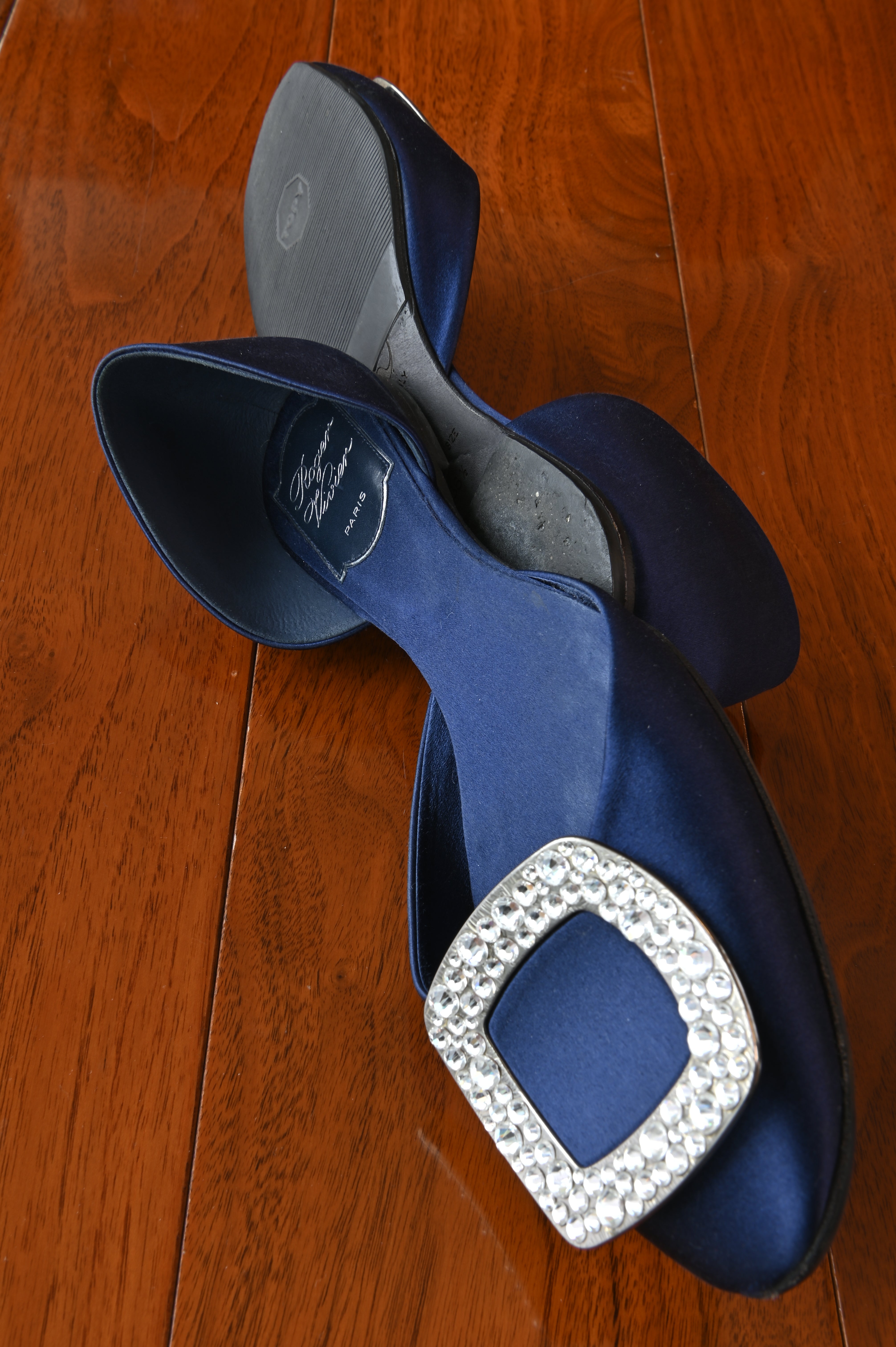 Roger Vivier Navy Blue Satin Crystal Embellished Mules side two