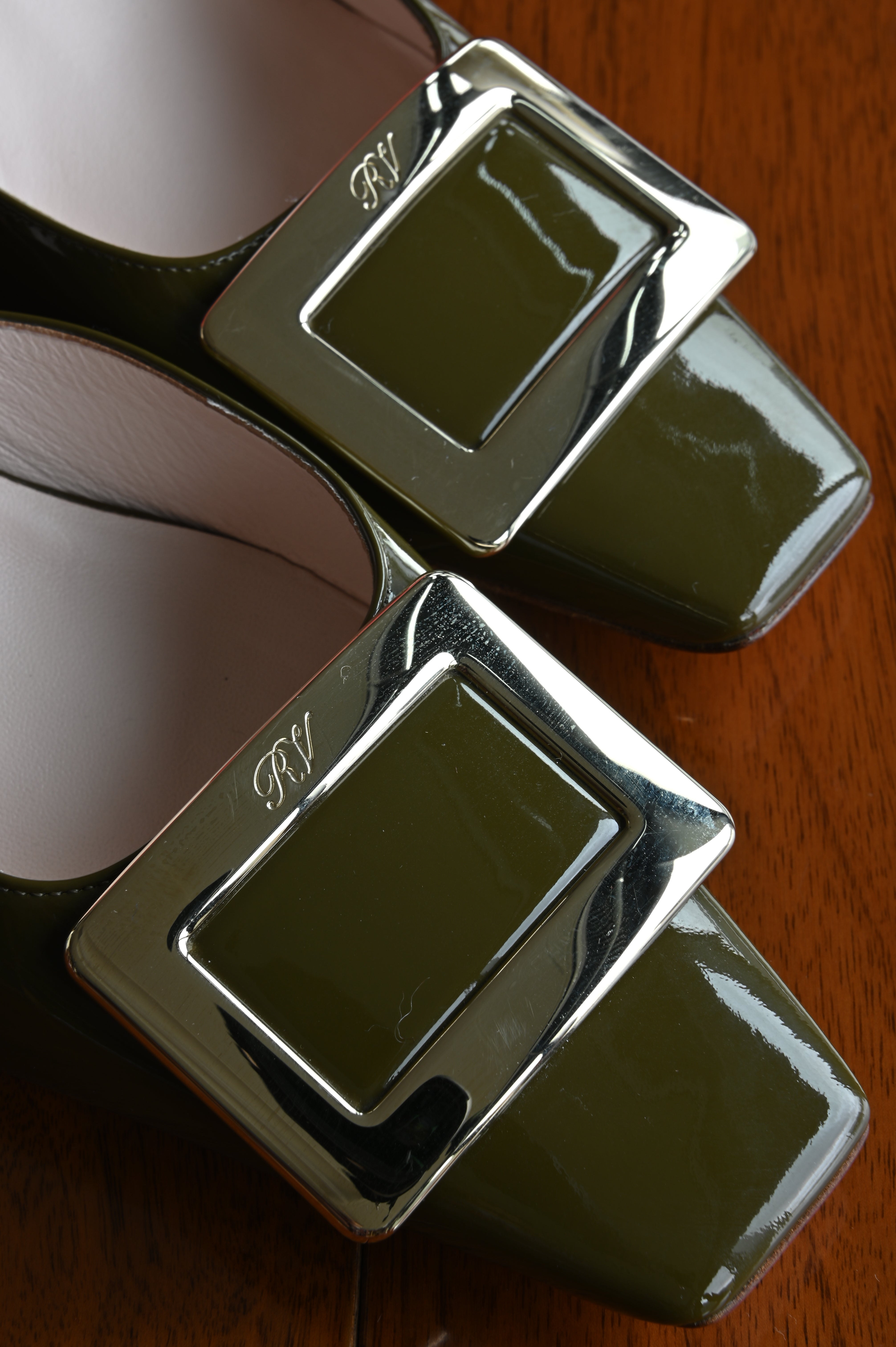 Roger Vivier Olive Green Mules Heels front