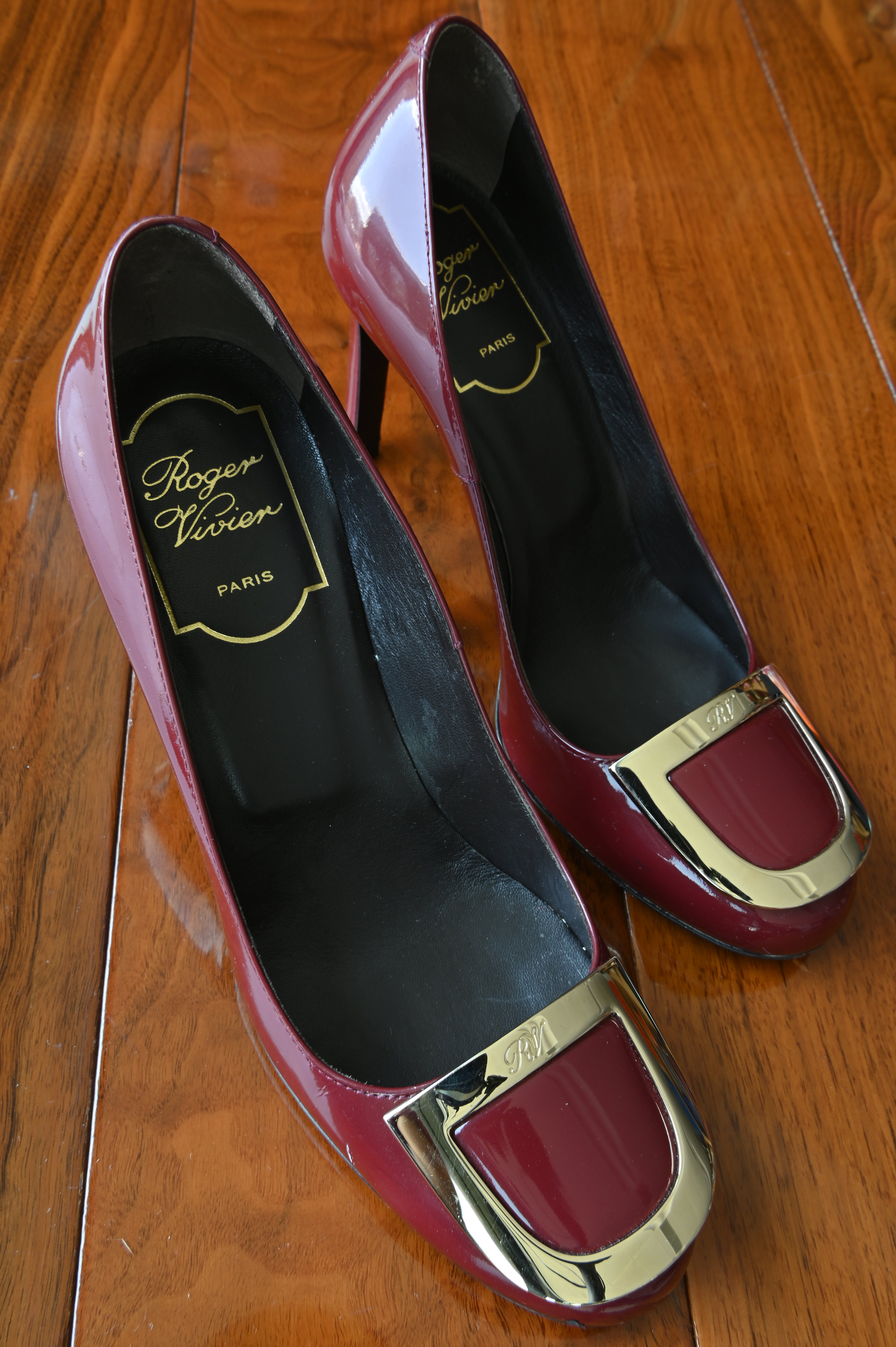 Roger Vivier Red Patent Gold Buckle Pumps