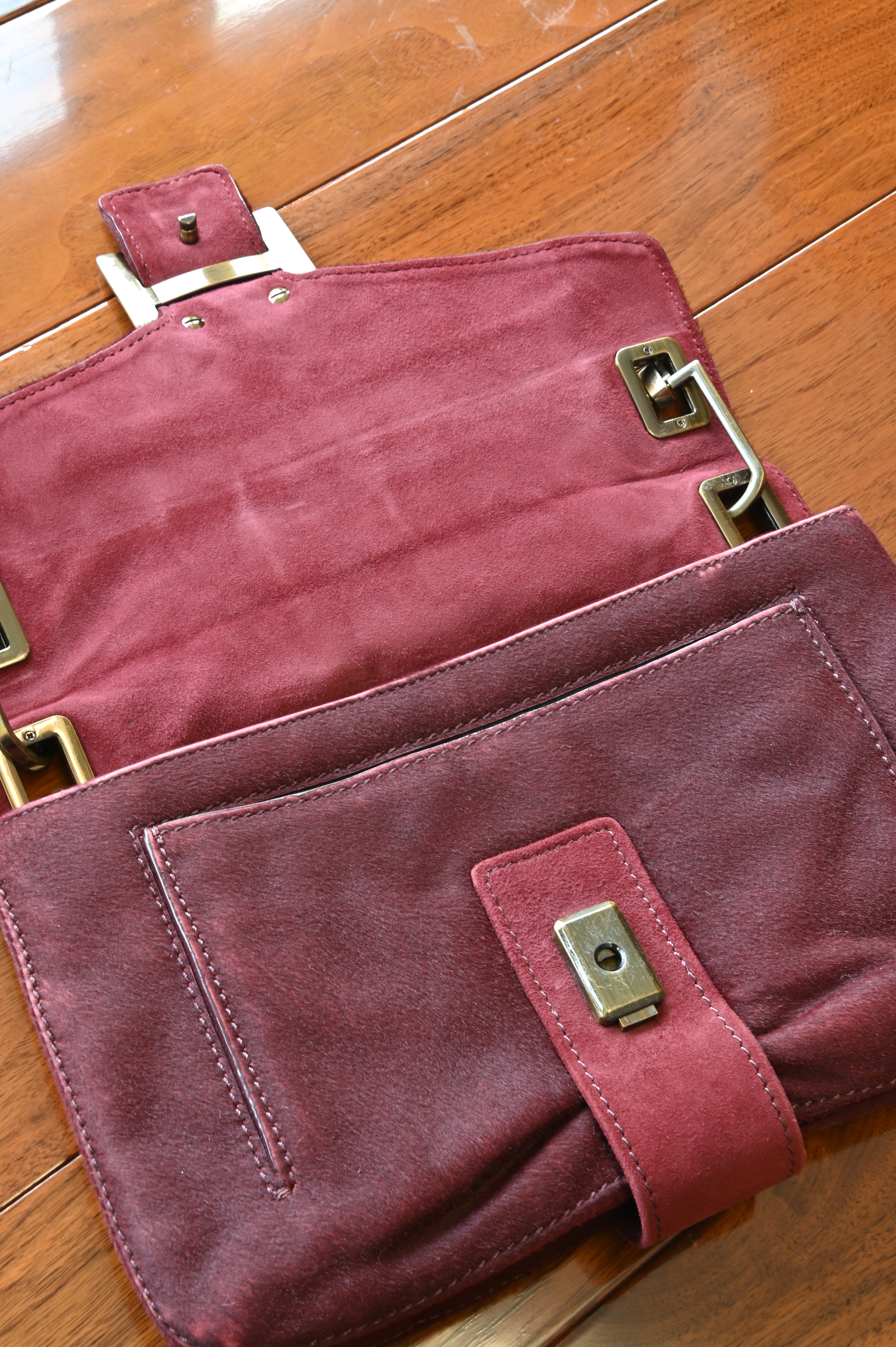 Roger Vivier Suede Burgundy Shoulder Bag open