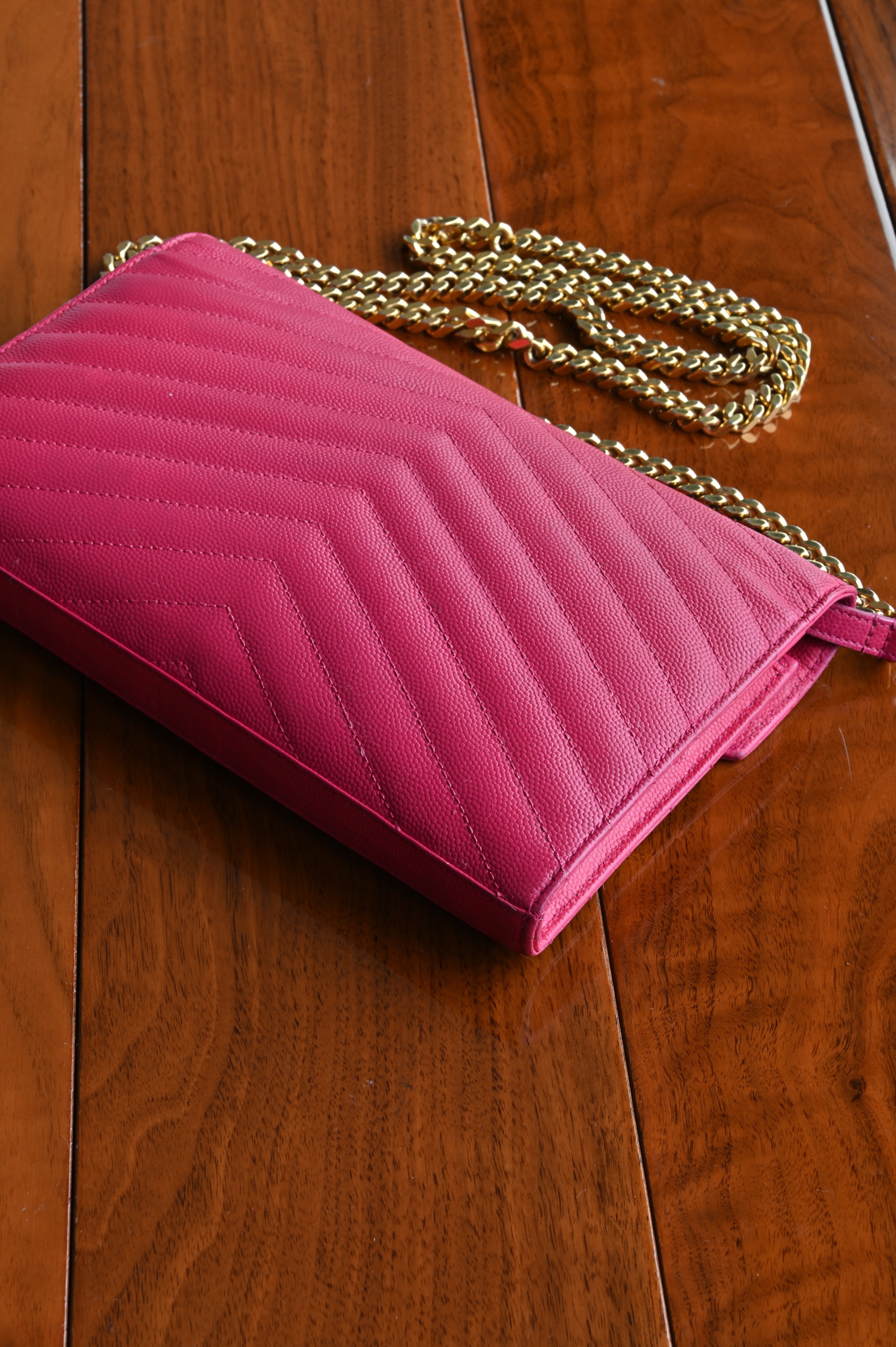 SAINT LAURENT Pink Cassandre Envelope Chain Wallet in Lambskin angle two