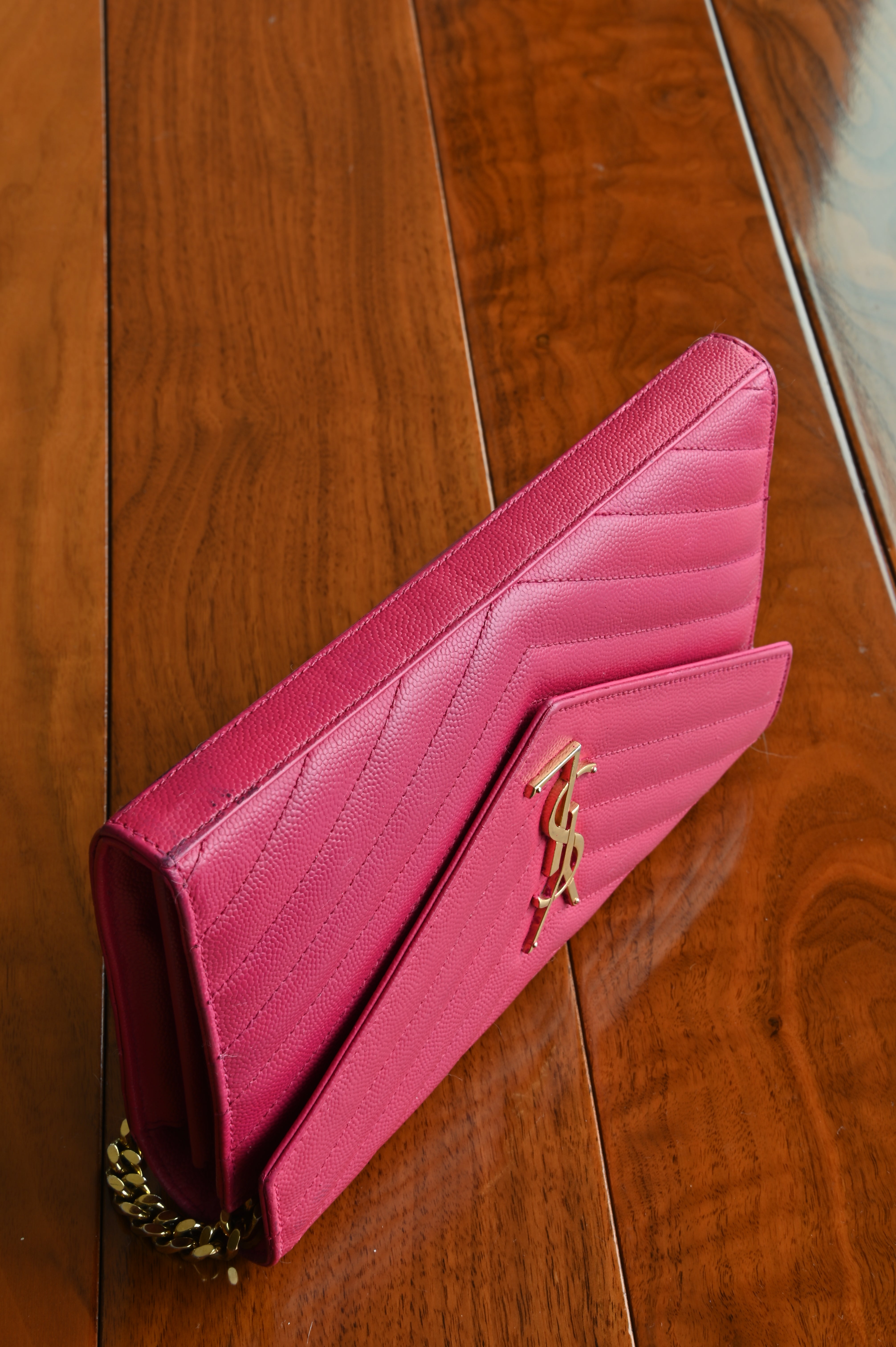 SAINT LAURENT Pink Cassandre Envelope Chain Wallet in Lambskin bottom