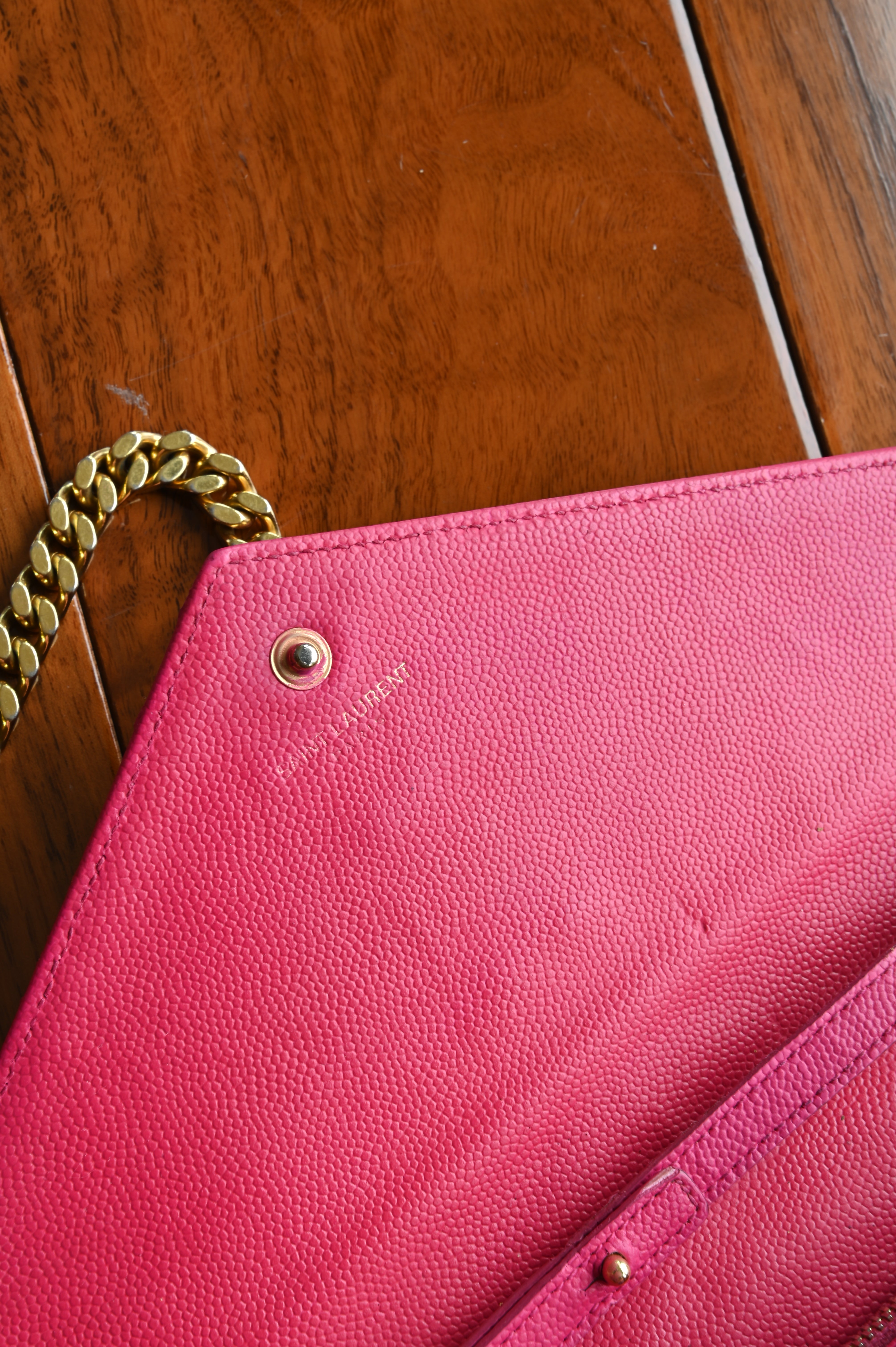 SAINT LAURENT Pink Cassandre Envelope Chain Wallet in Lambskin closure
