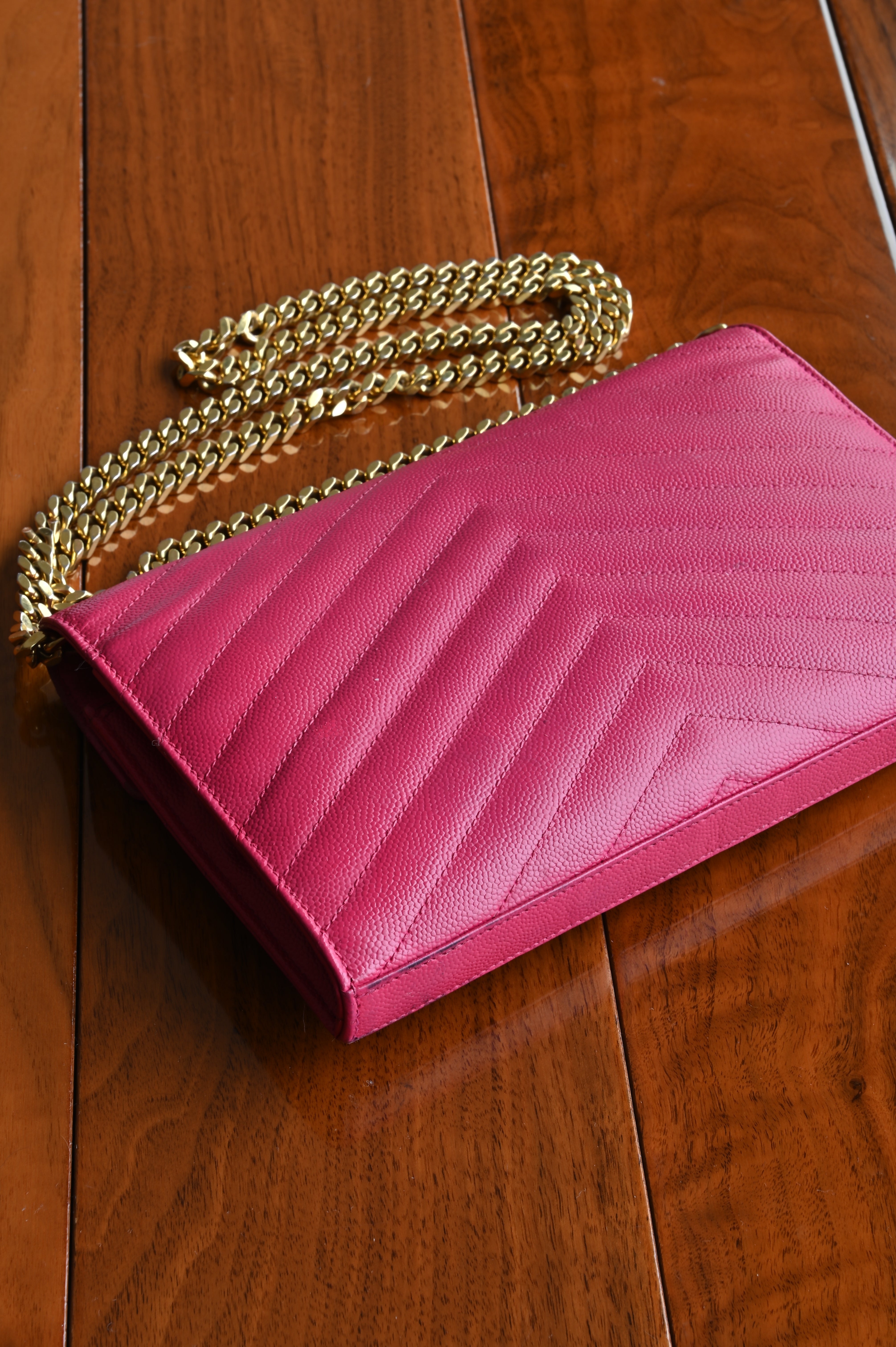 SAINT LAURENT Pink Cassandre Envelope Chain Wallet in Lambskin corner two