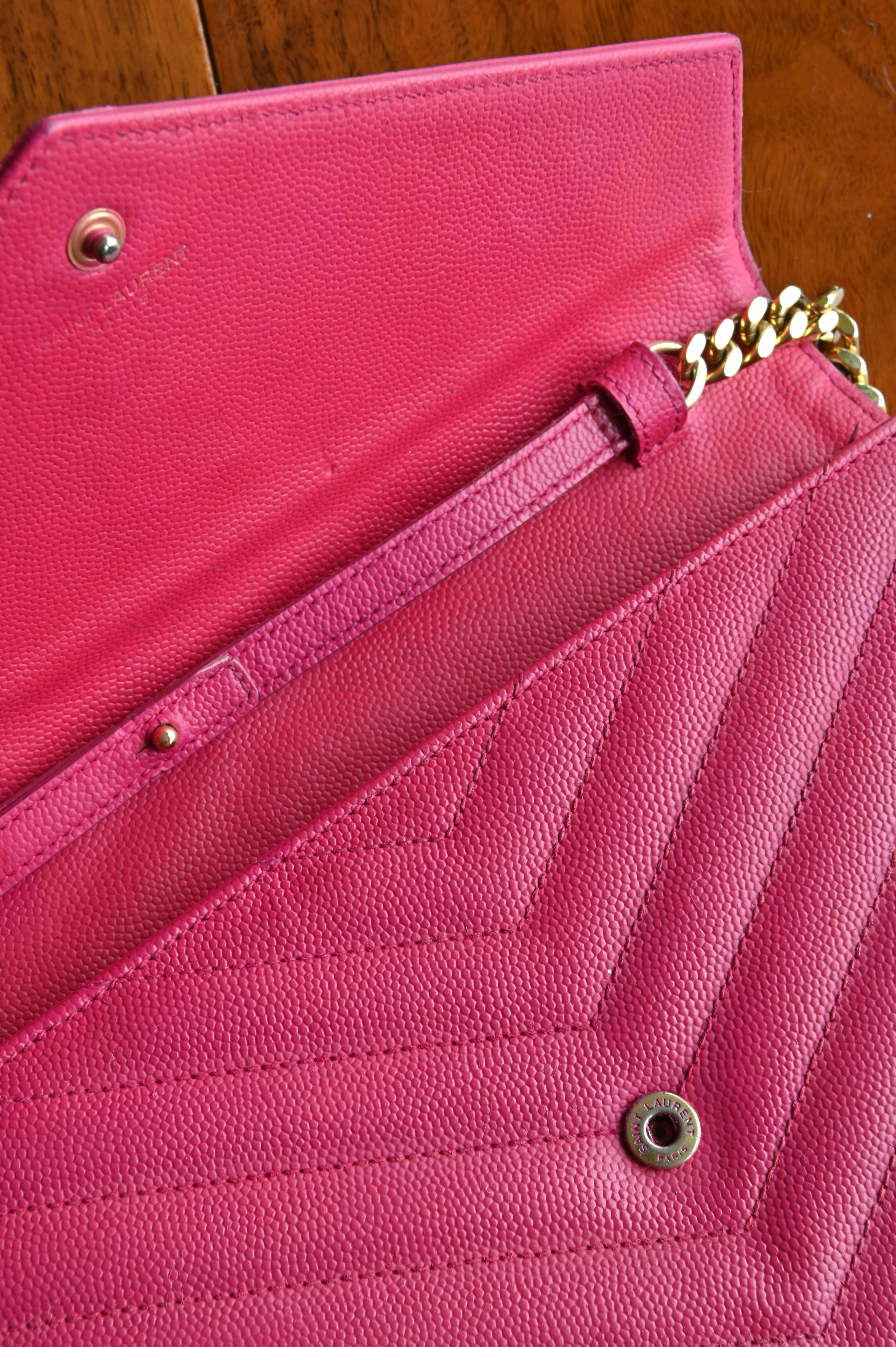 SAINT LAURENT Pink Cassandre Envelope Chain Wallet in Lambskin detail