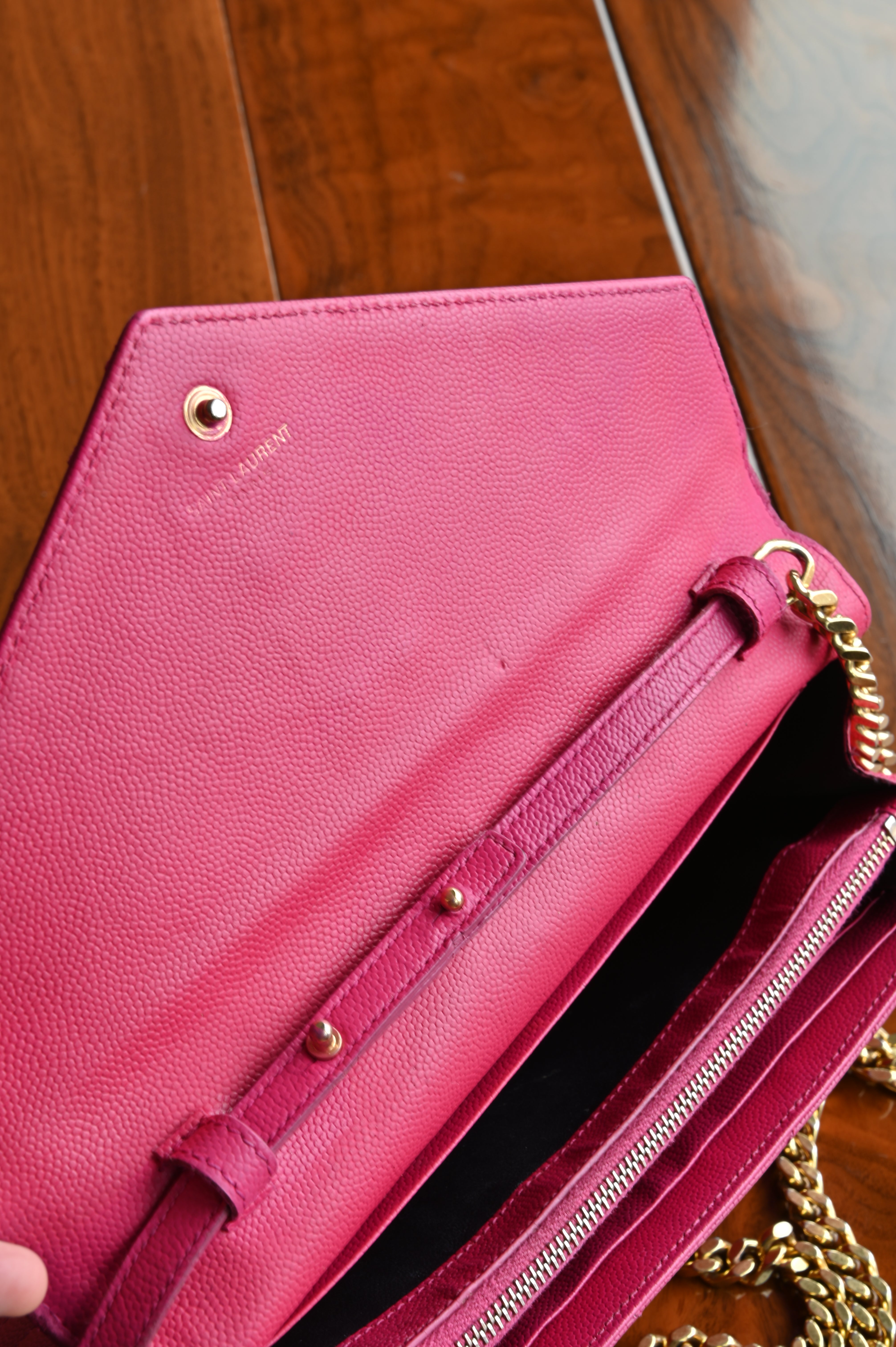 SAINT LAURENT Pink Cassandre Envelope Chain Wallet in Lambskin inside