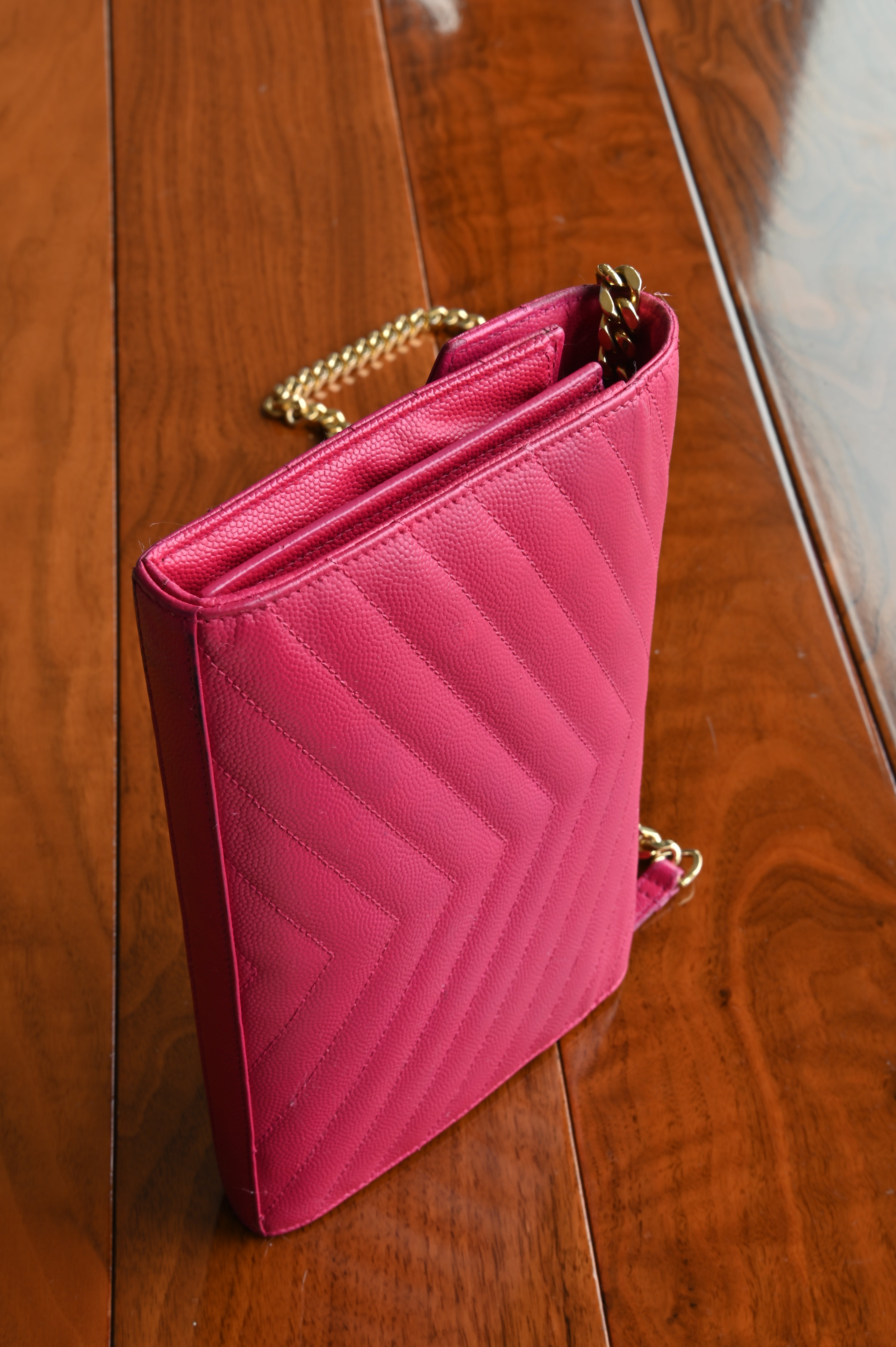 SAINT LAURENT Pink Cassandre Envelope Chain Wallet in Lambskin left
