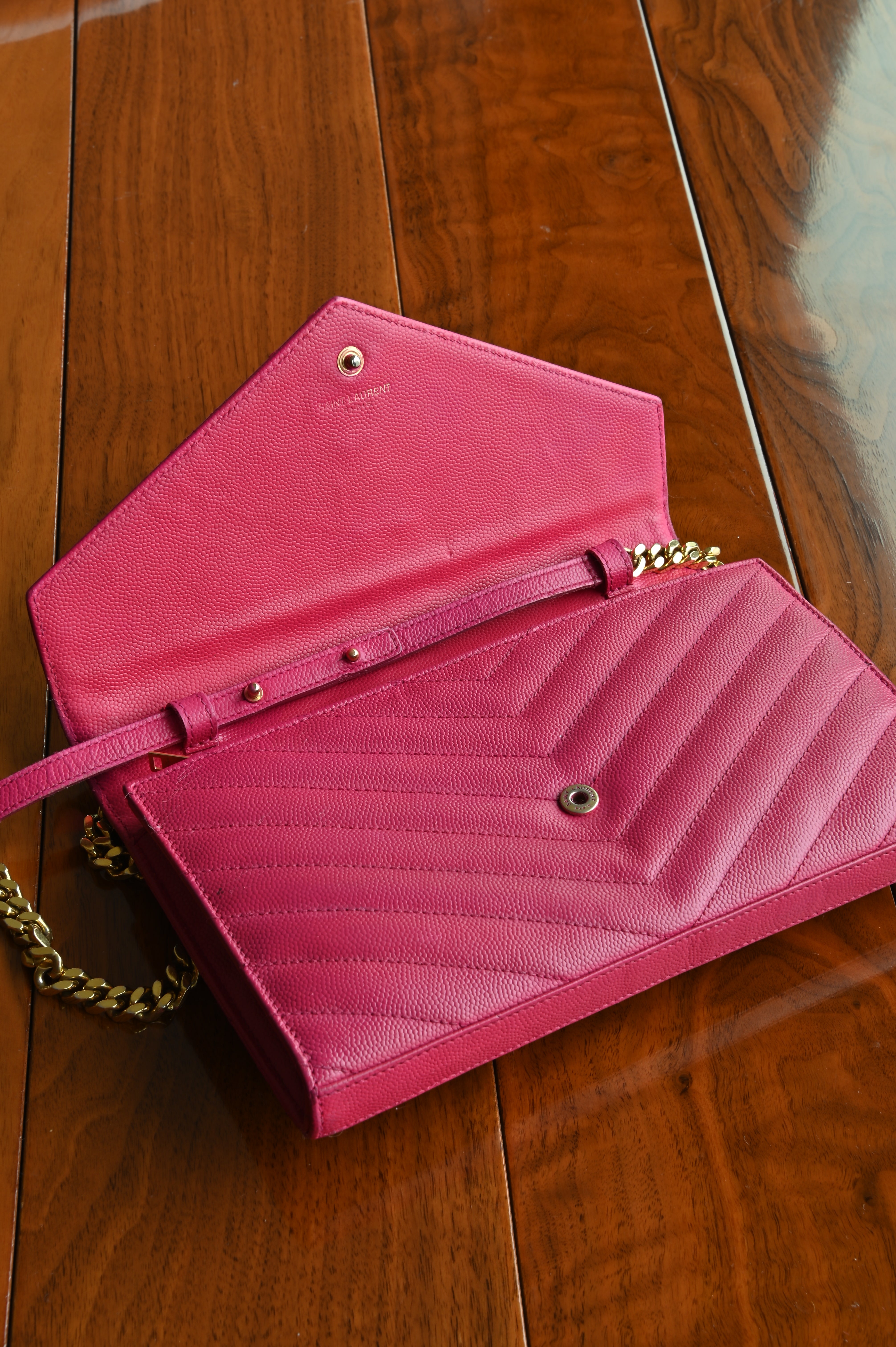 SAINT LAURENT Pink Cassandre Envelope Chain Wallet in Lambskin open