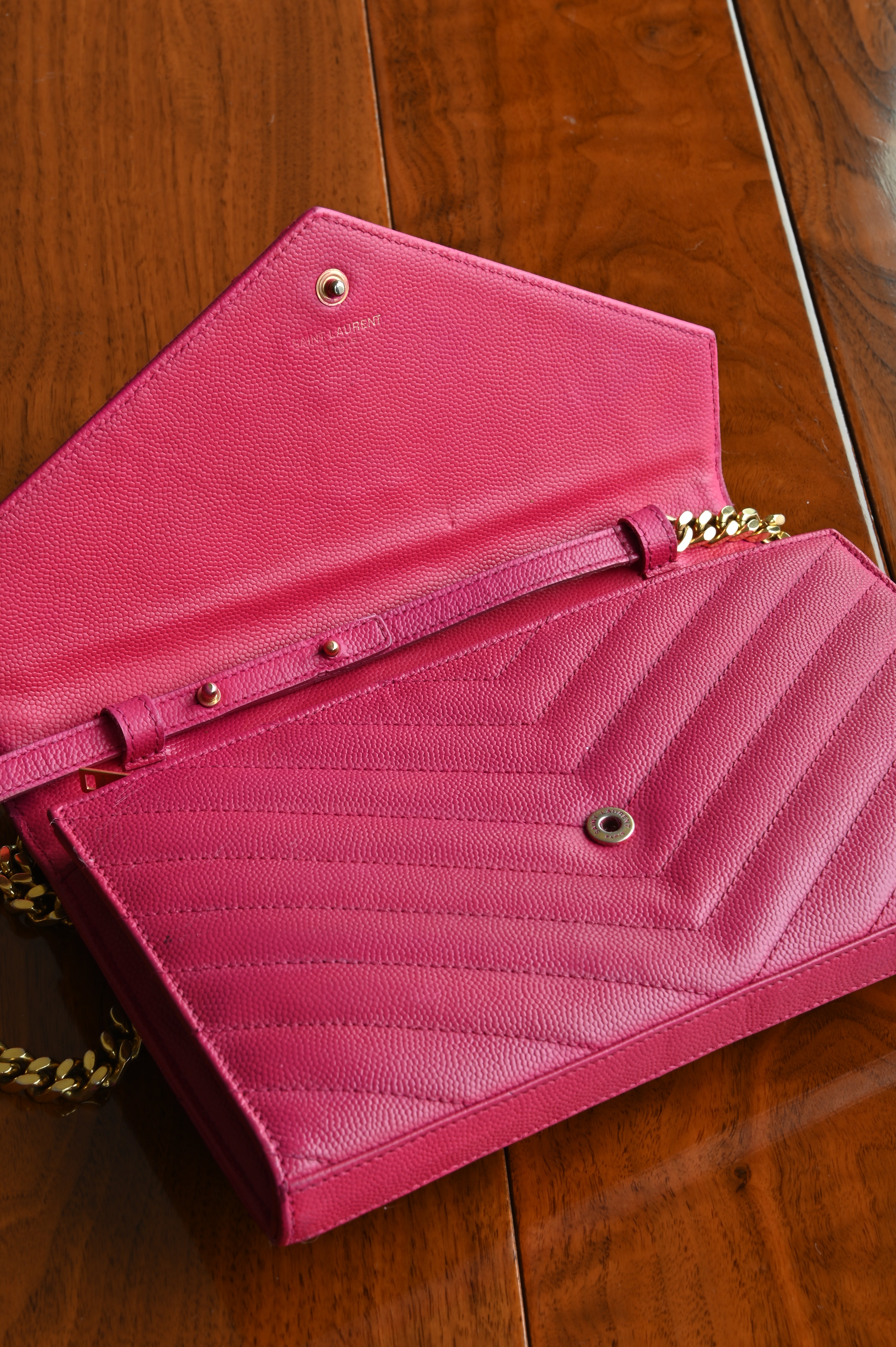 SAINT LAURENT Pink Cassandre Envelope Chain Wallet in Lambskin open detail
