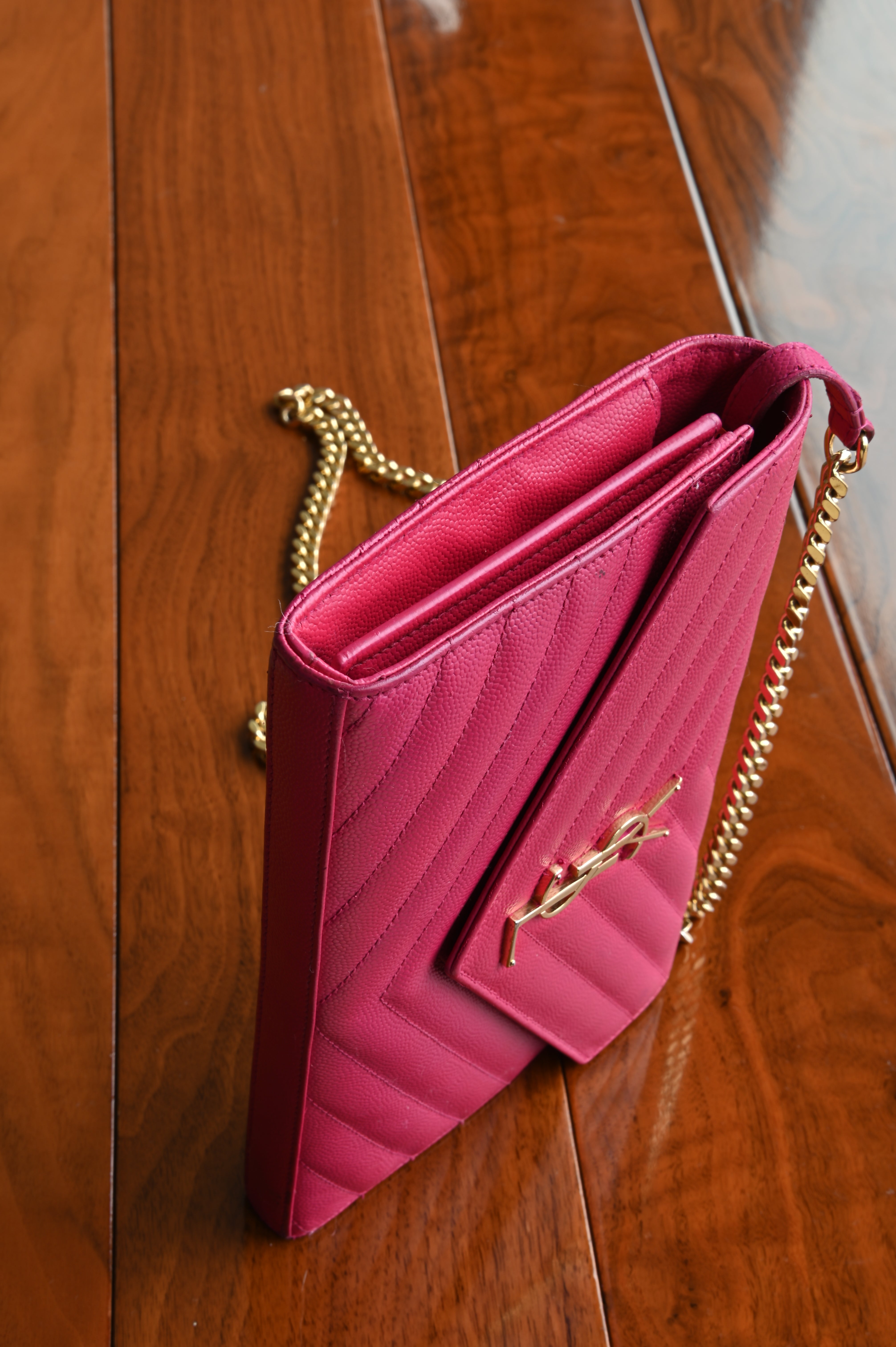 SAINT LAURENT Pink Cassandre Envelope Chain Wallet in Lambskin right