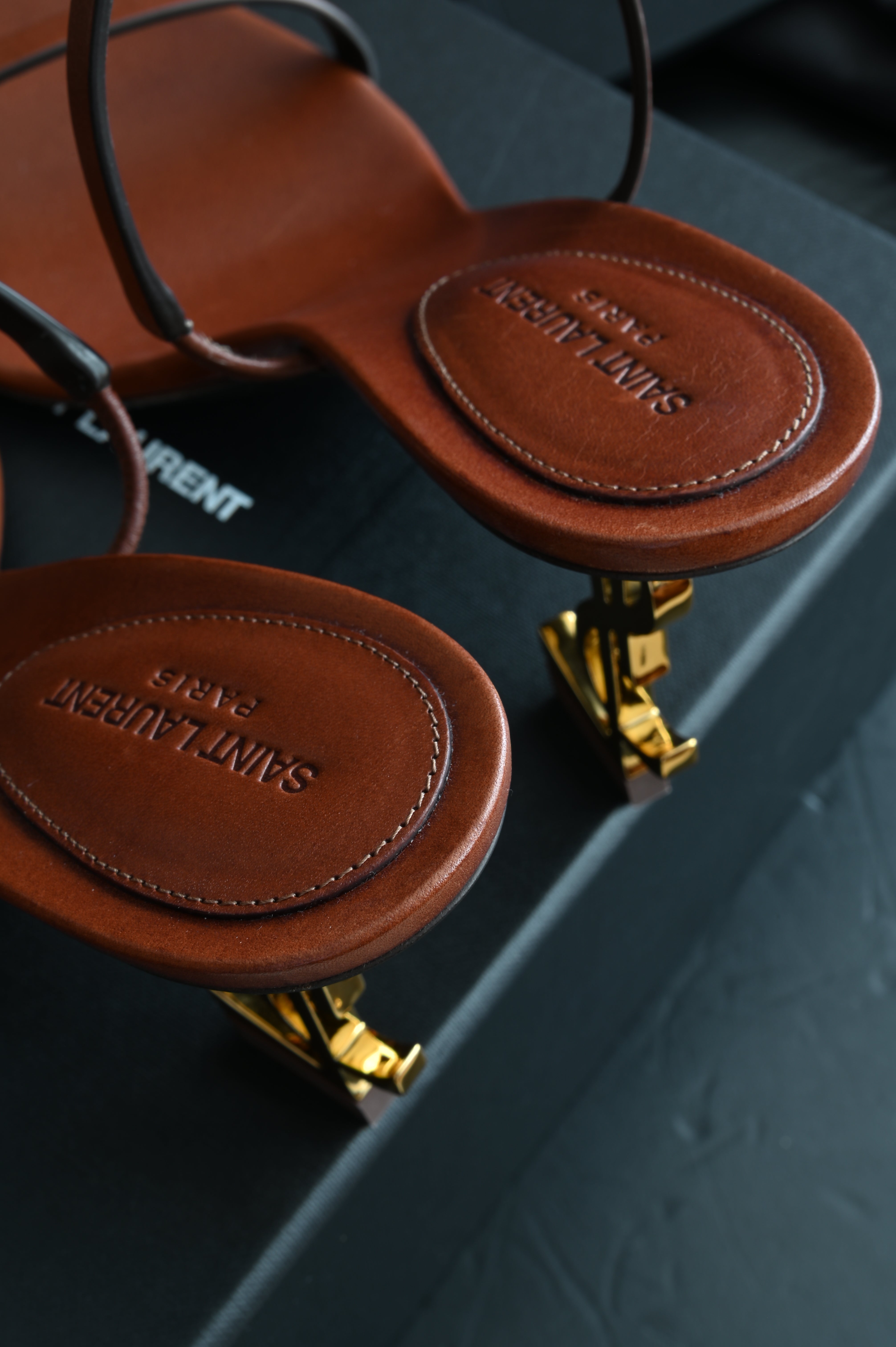 Saint Laurent 85mm Opyum Sandals in Tan size 38 in gold hardware