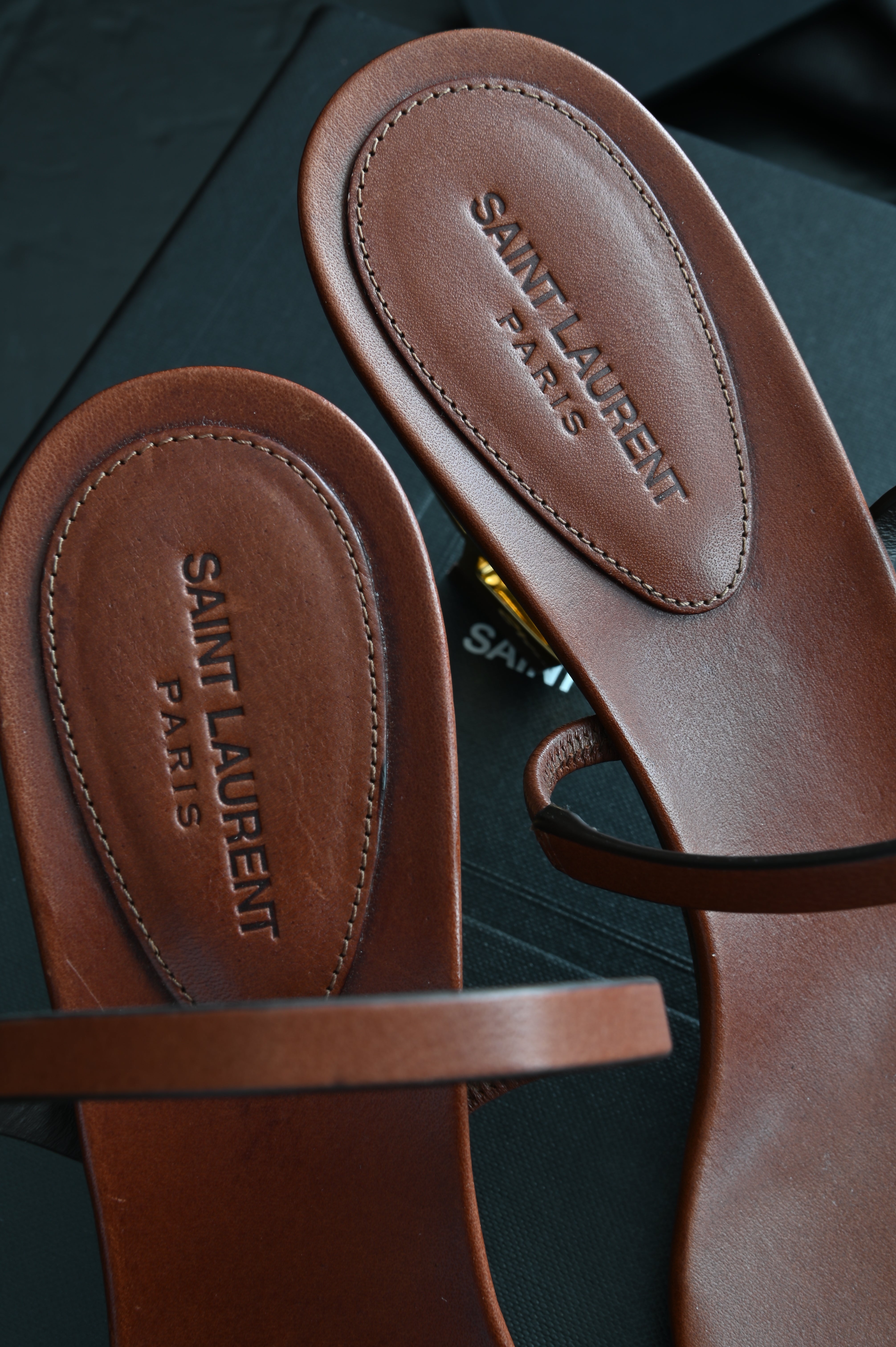 Saint Laurent 85mm Opyum Sandals in Tan size 38 in gold hardware