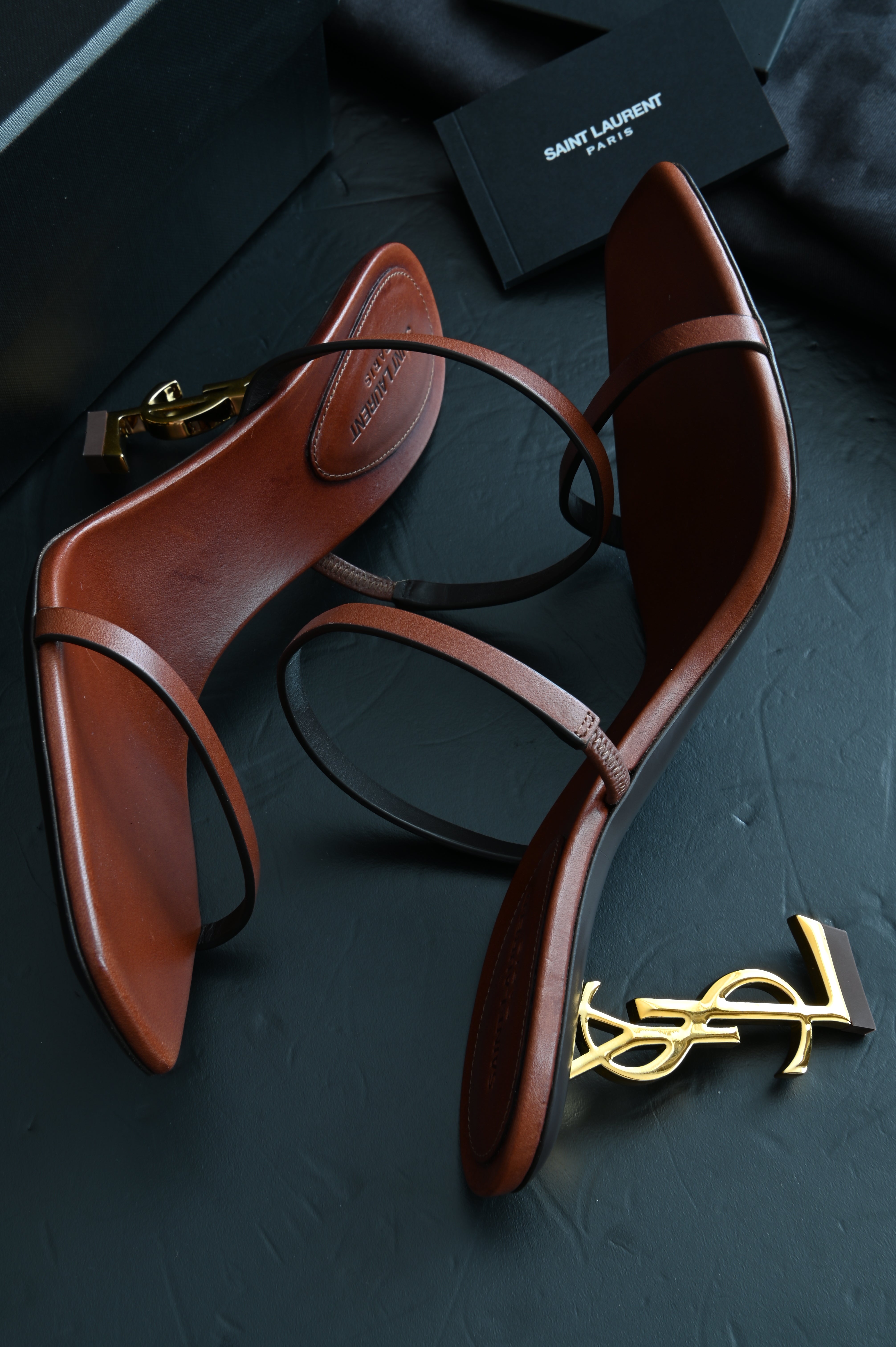 Saint Laurent 85mm Opyum Sandals in Tan size 38 in gold hardware