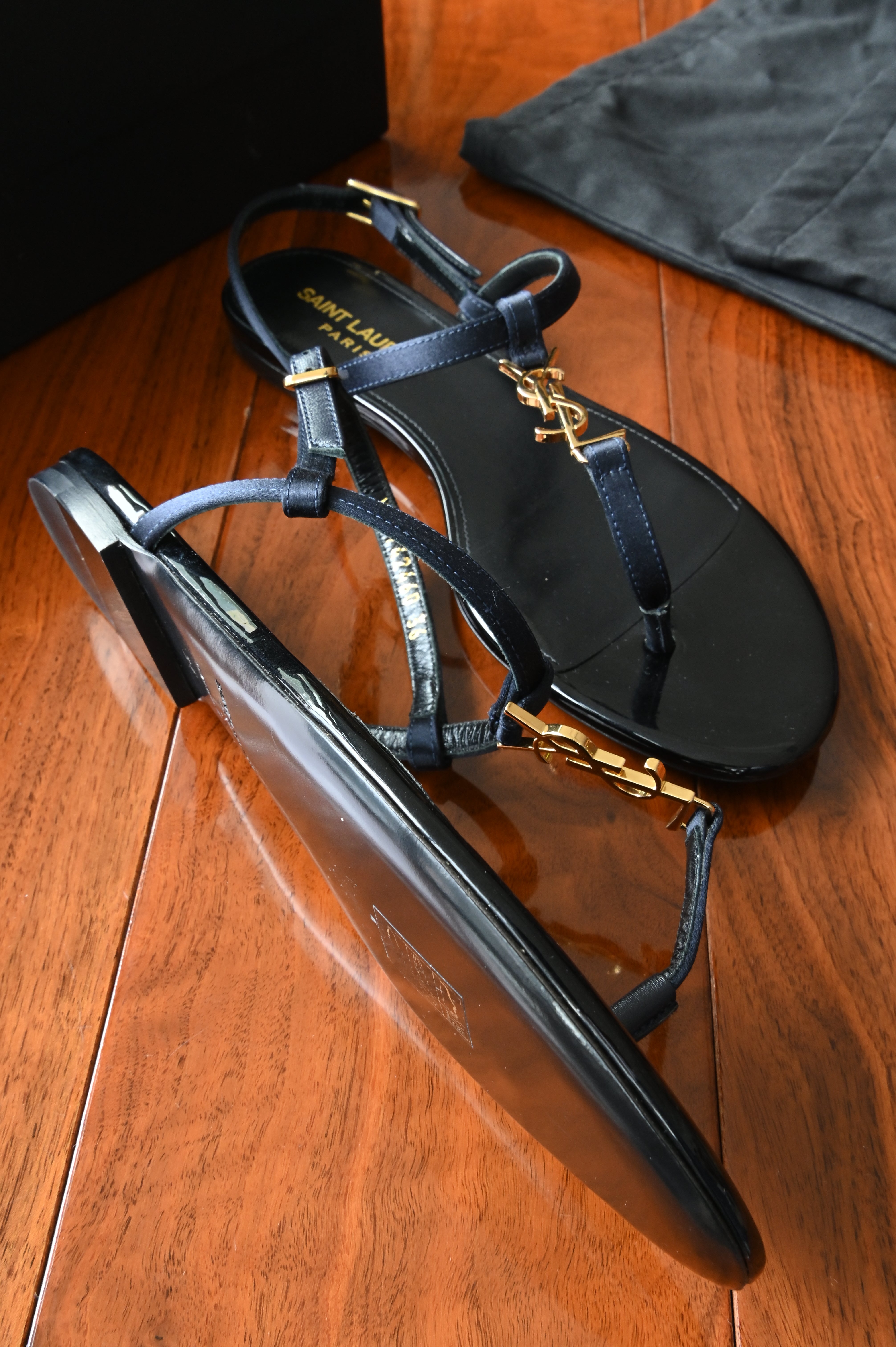 Saint Laurent Black Patent Cassandra Sandals left