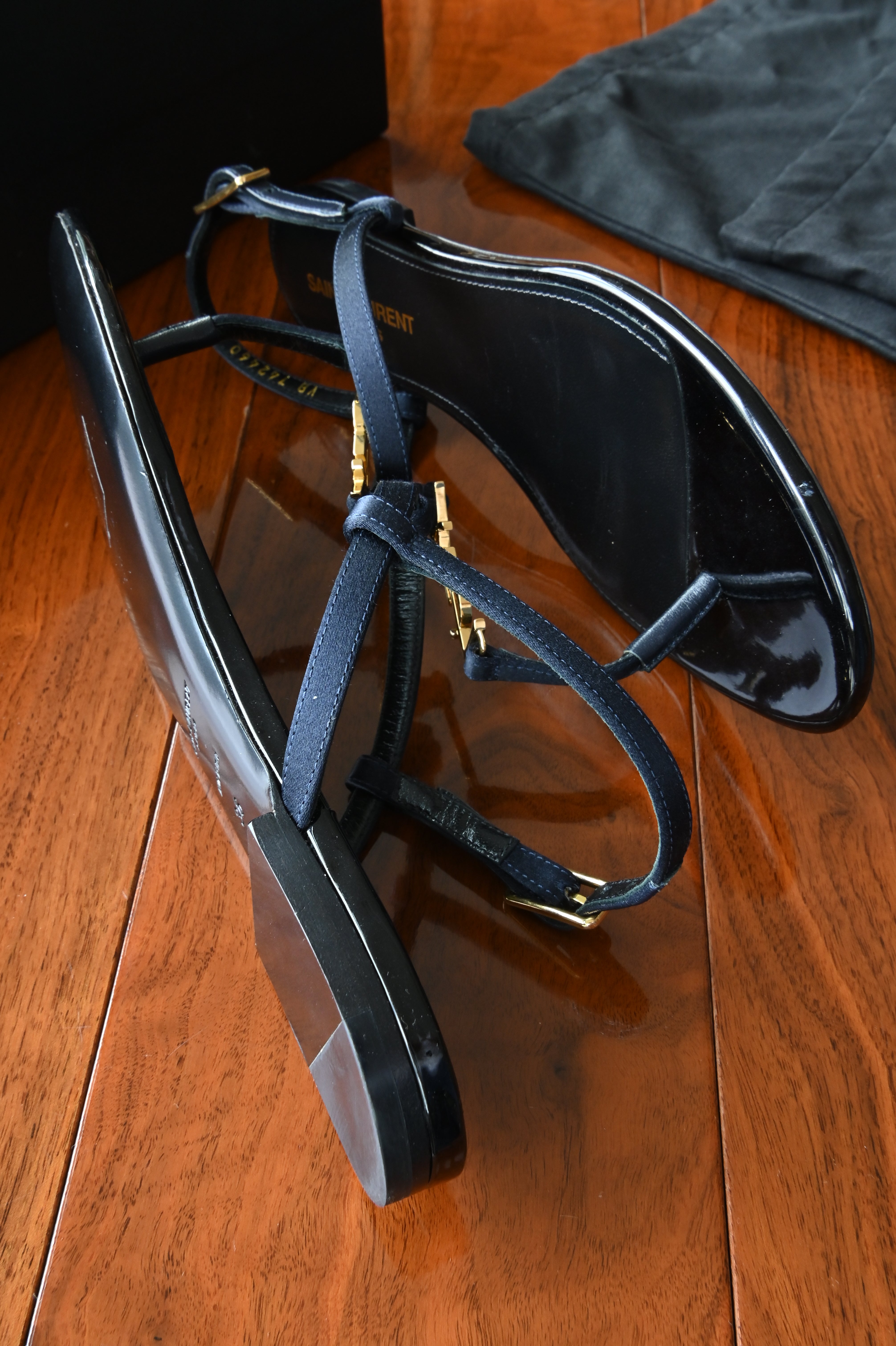 Saint Laurent Black Patent Cassandra Sandals side two