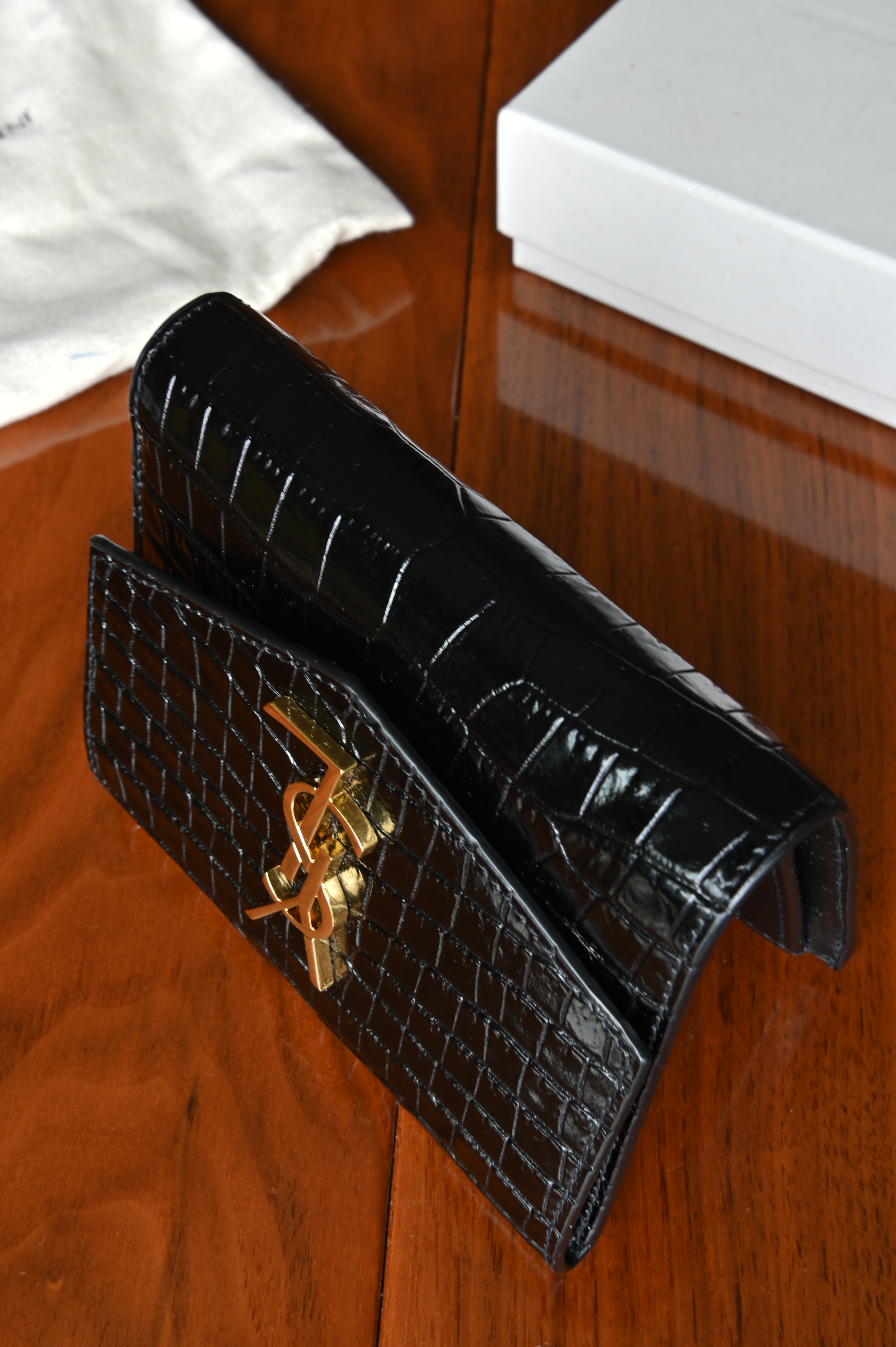 Saint Laurent Black UPTOWN Compact Crocodile Embossed Wallet bottom