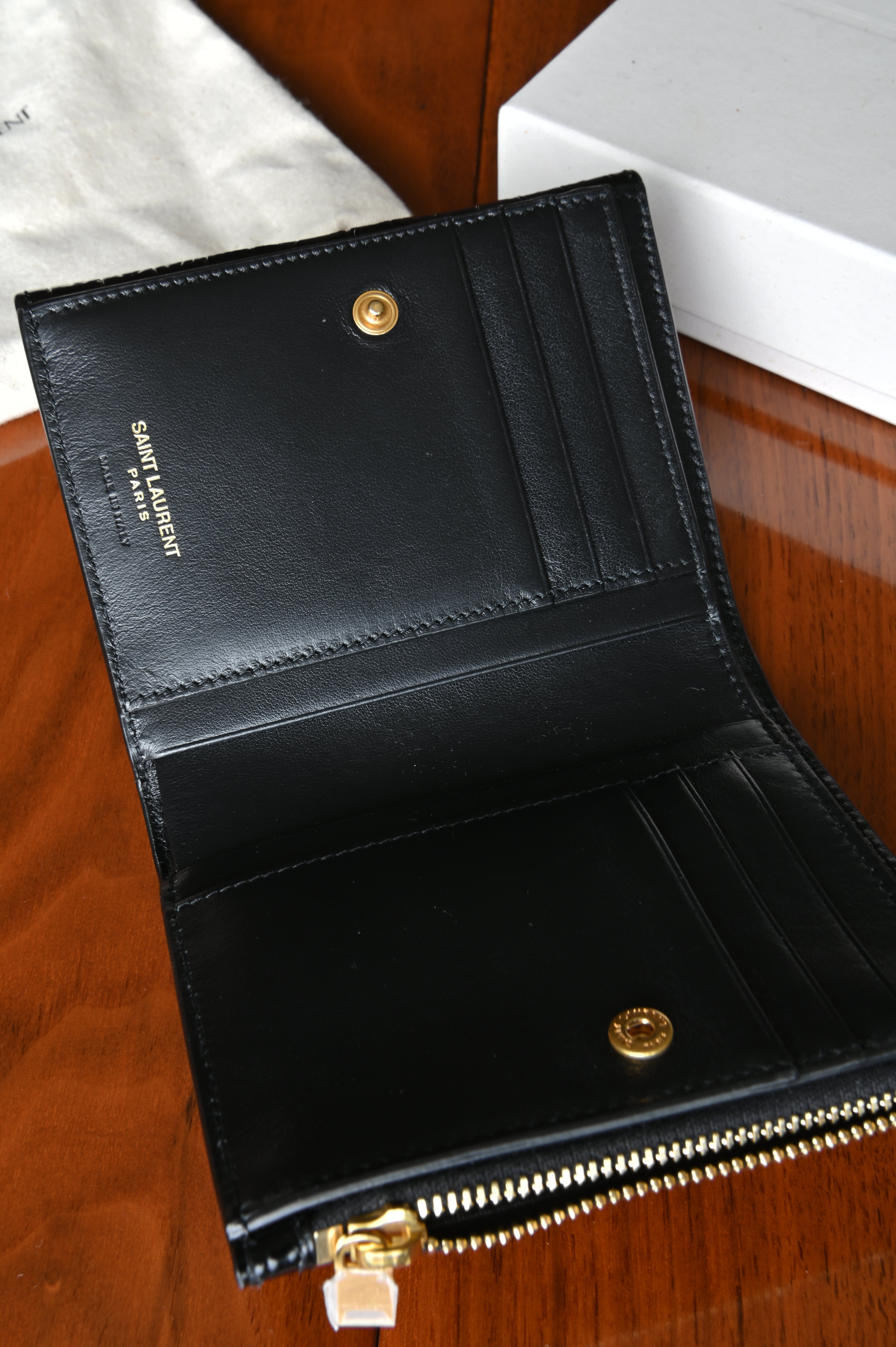 Saint Laurent Black UPTOWN Compact Crocodile Embossed Wallet open
