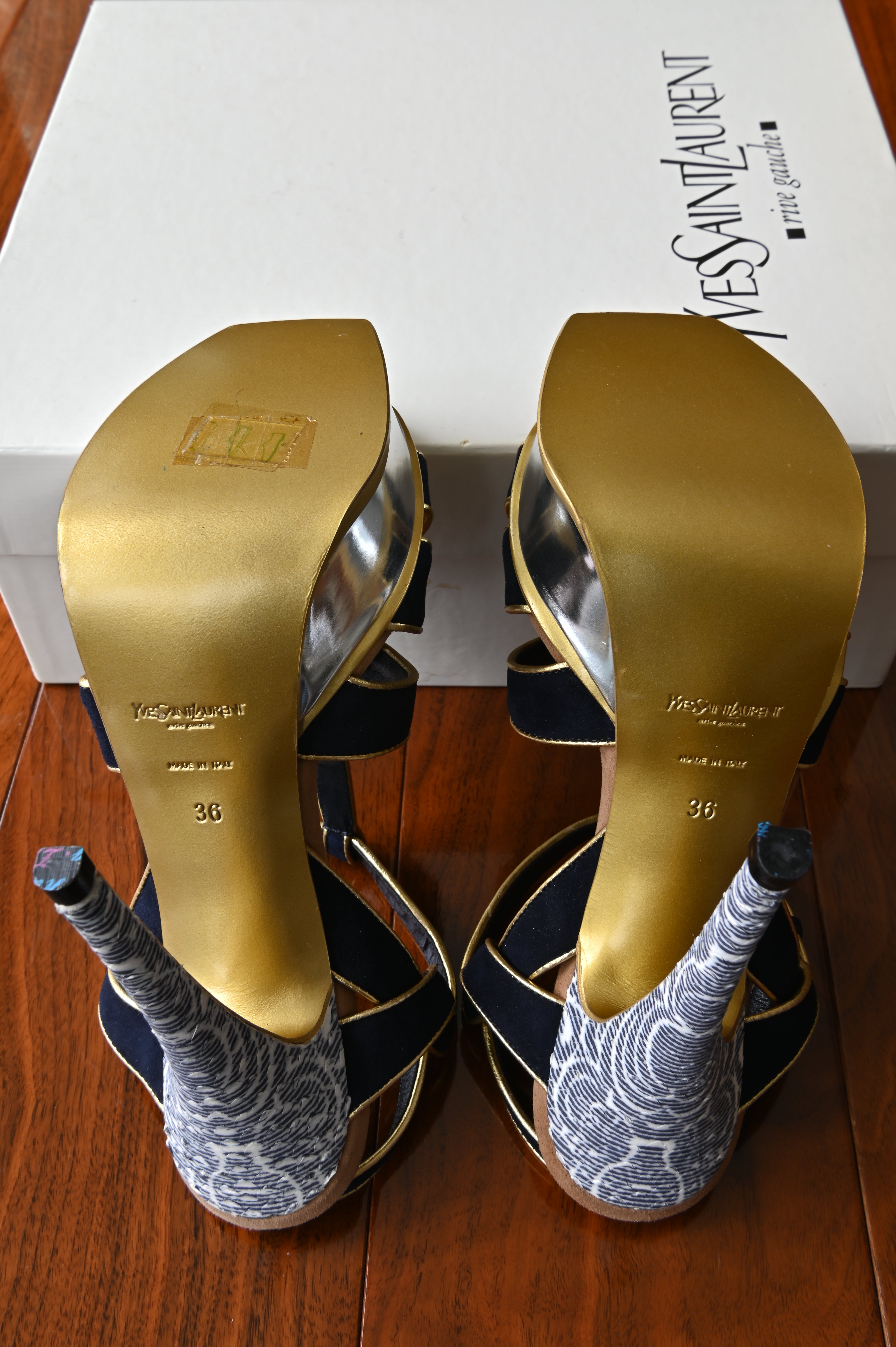 Saint Laurent TRIBUTE platform sandals in Blue Yellow leather bottom