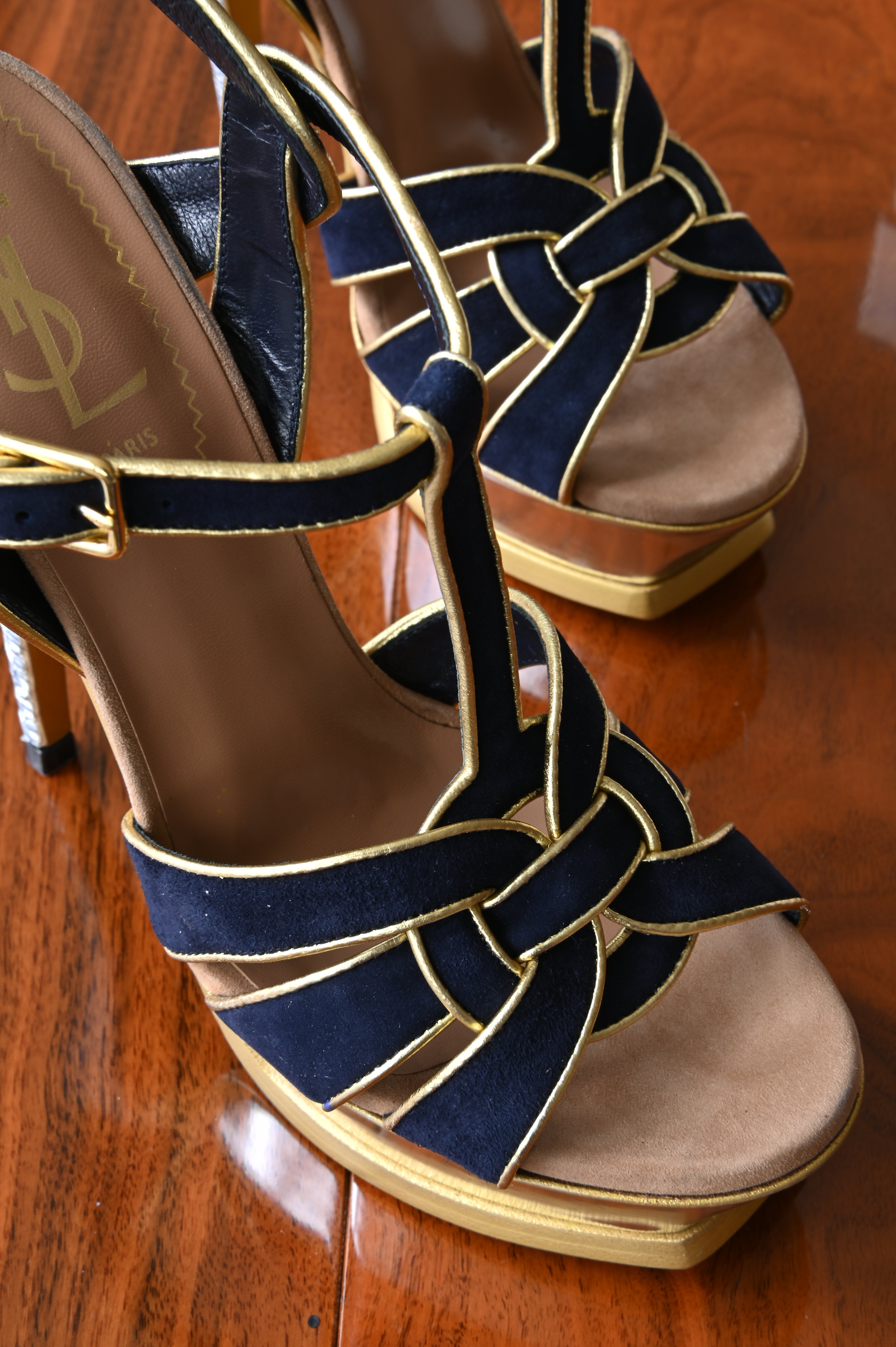 Saint Laurent TRIBUTE platform sandals in Blue Yellow leather front
