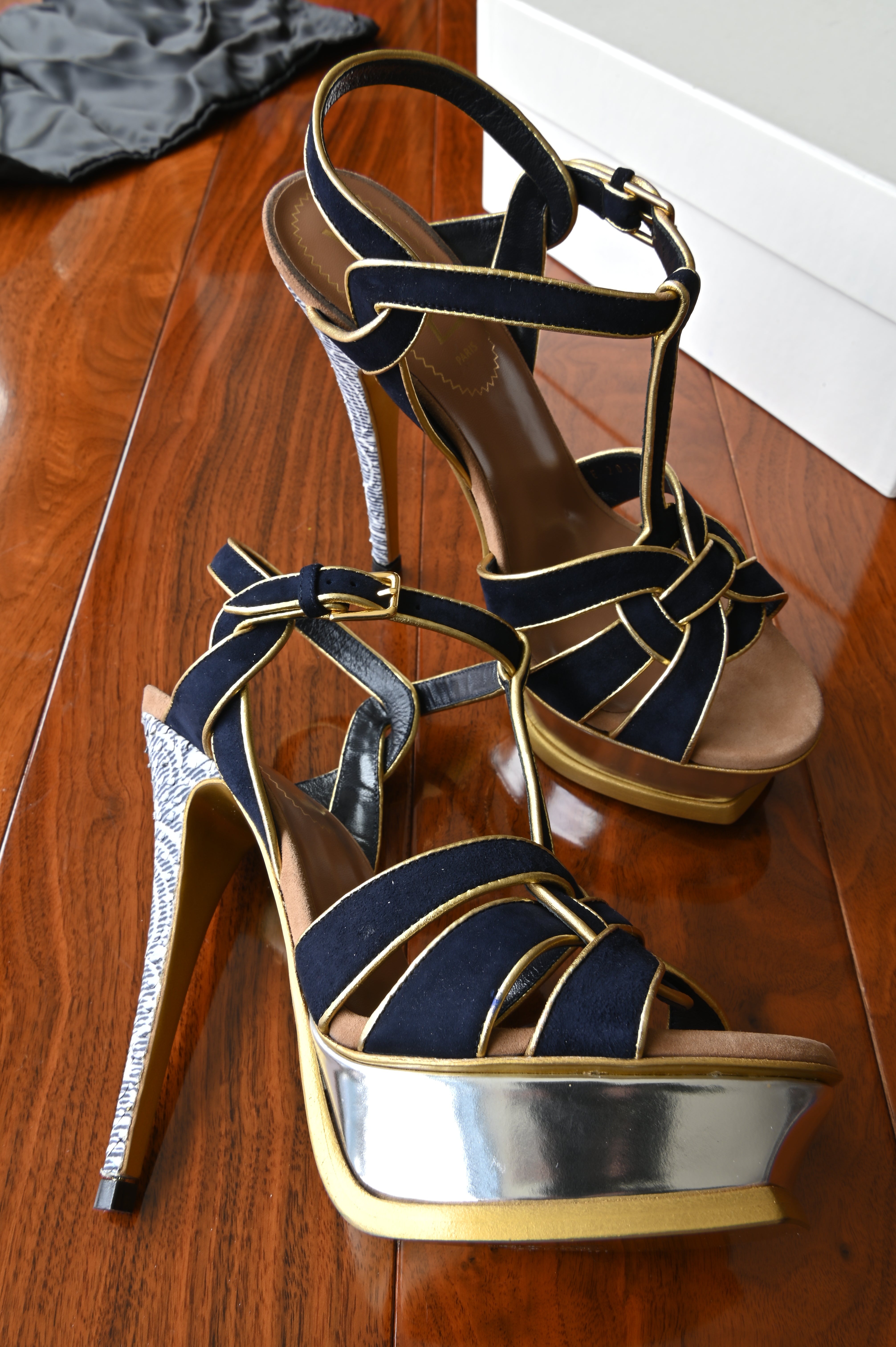 Saint Laurent TRIBUTE platform sandals in Blue Yellow leather left