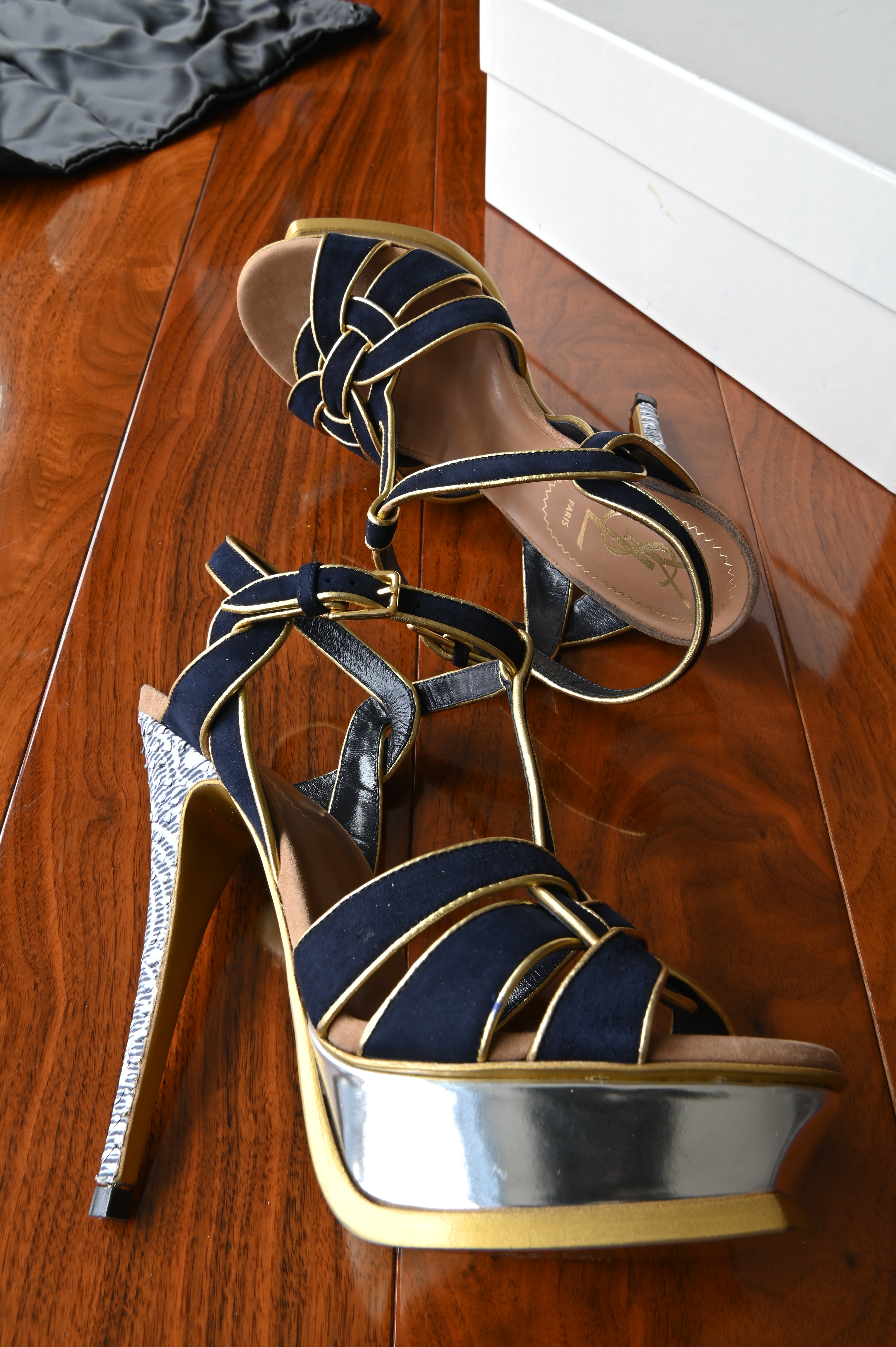 Saint Laurent TRIBUTE platform sandals in Blue Yellow leather side