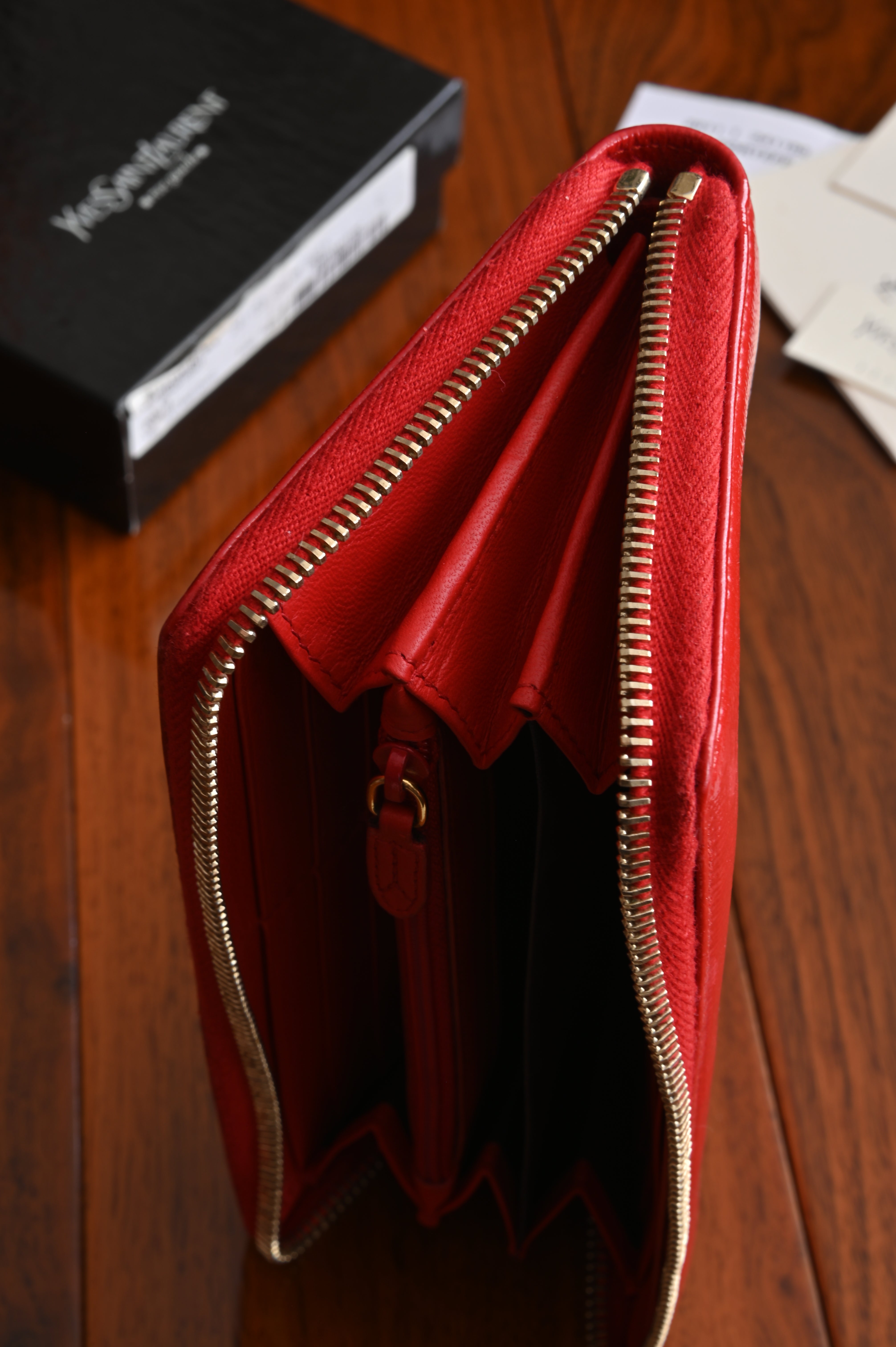 Saint Laurent Y Long Wallet in Red patent open two