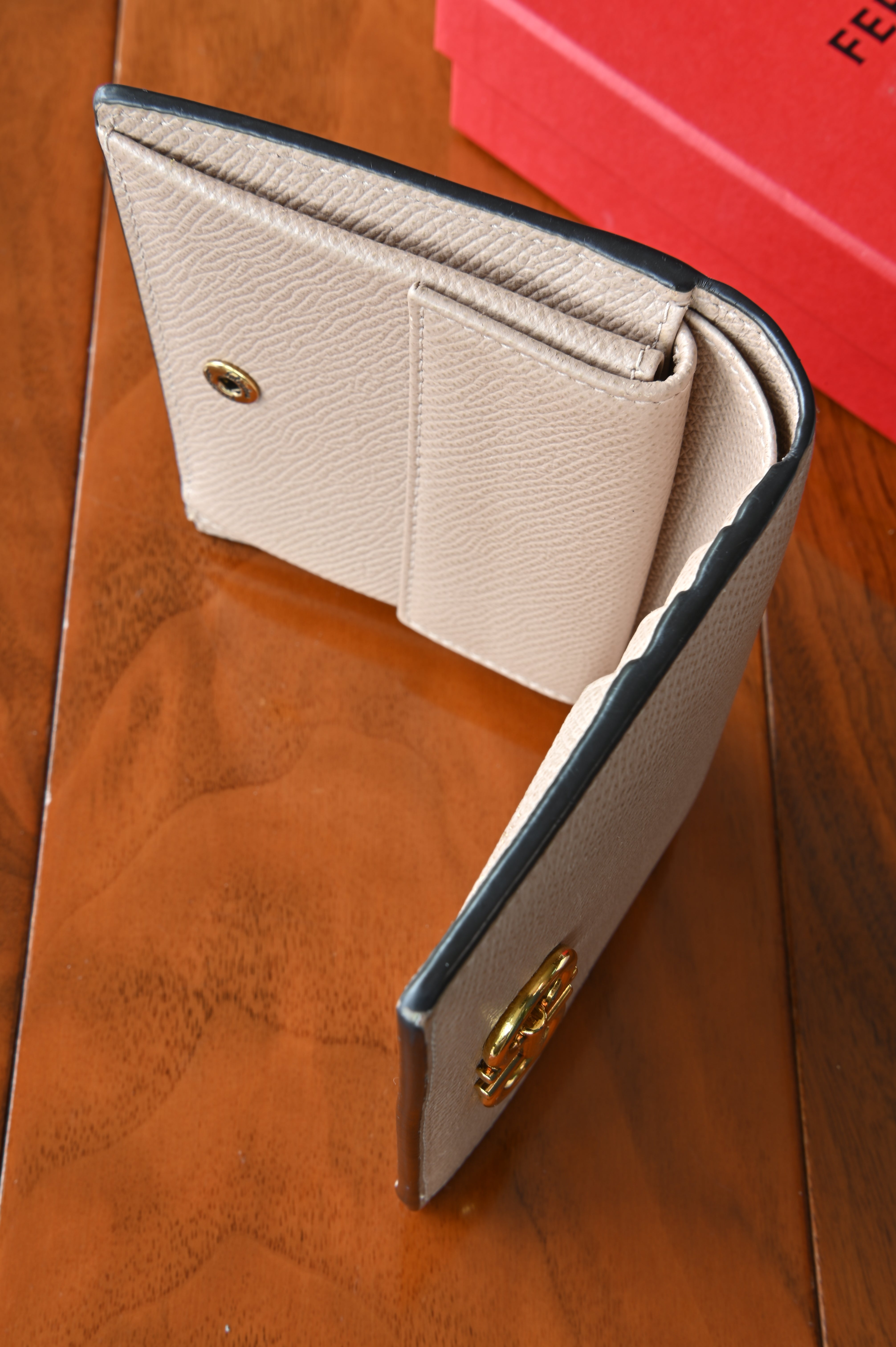 Salvatore Ferragamo Beige Gancini Compact Wallet open side two