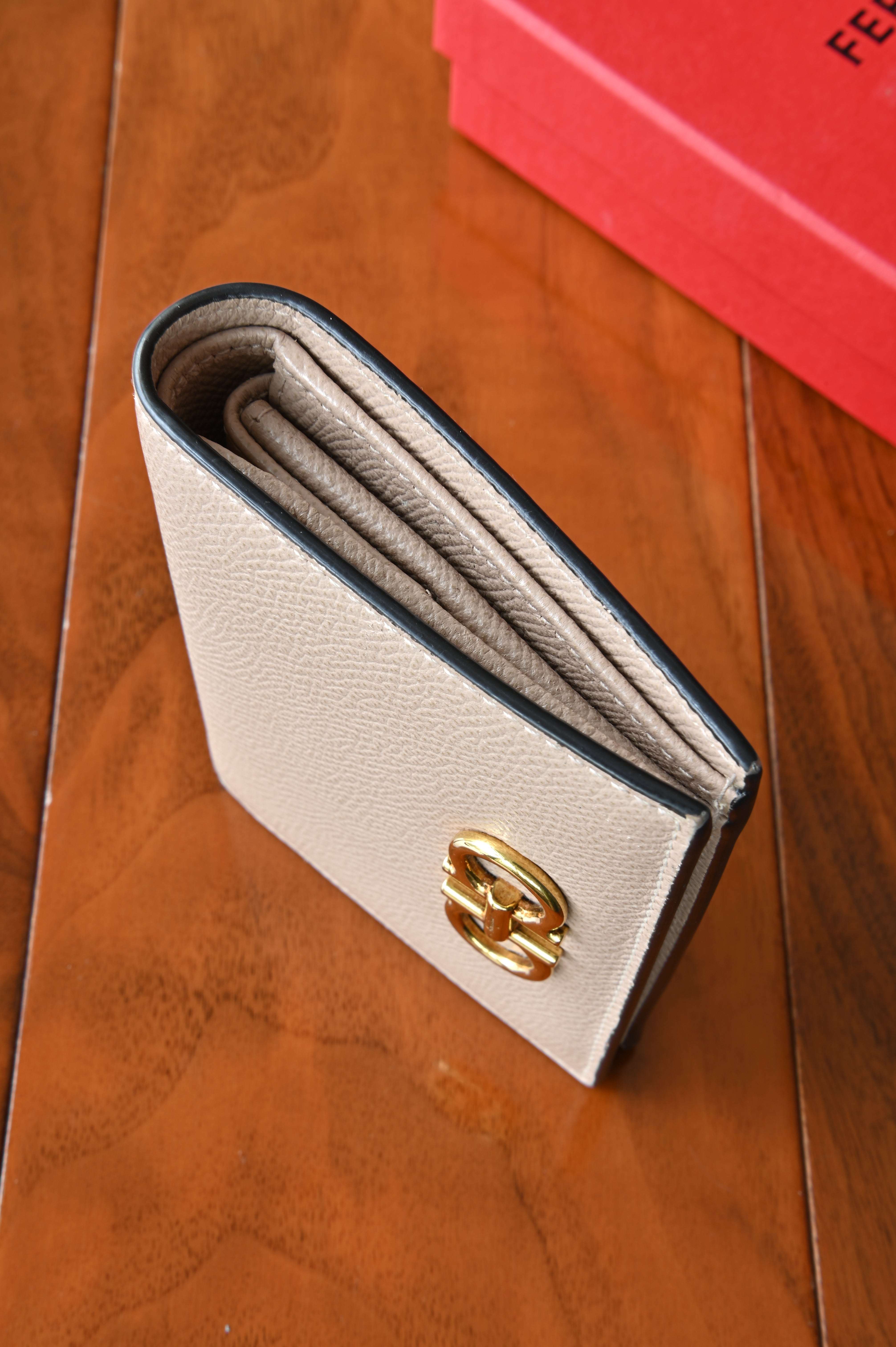 Salvatore Ferragamo Beige Gancini Compact Wallet side