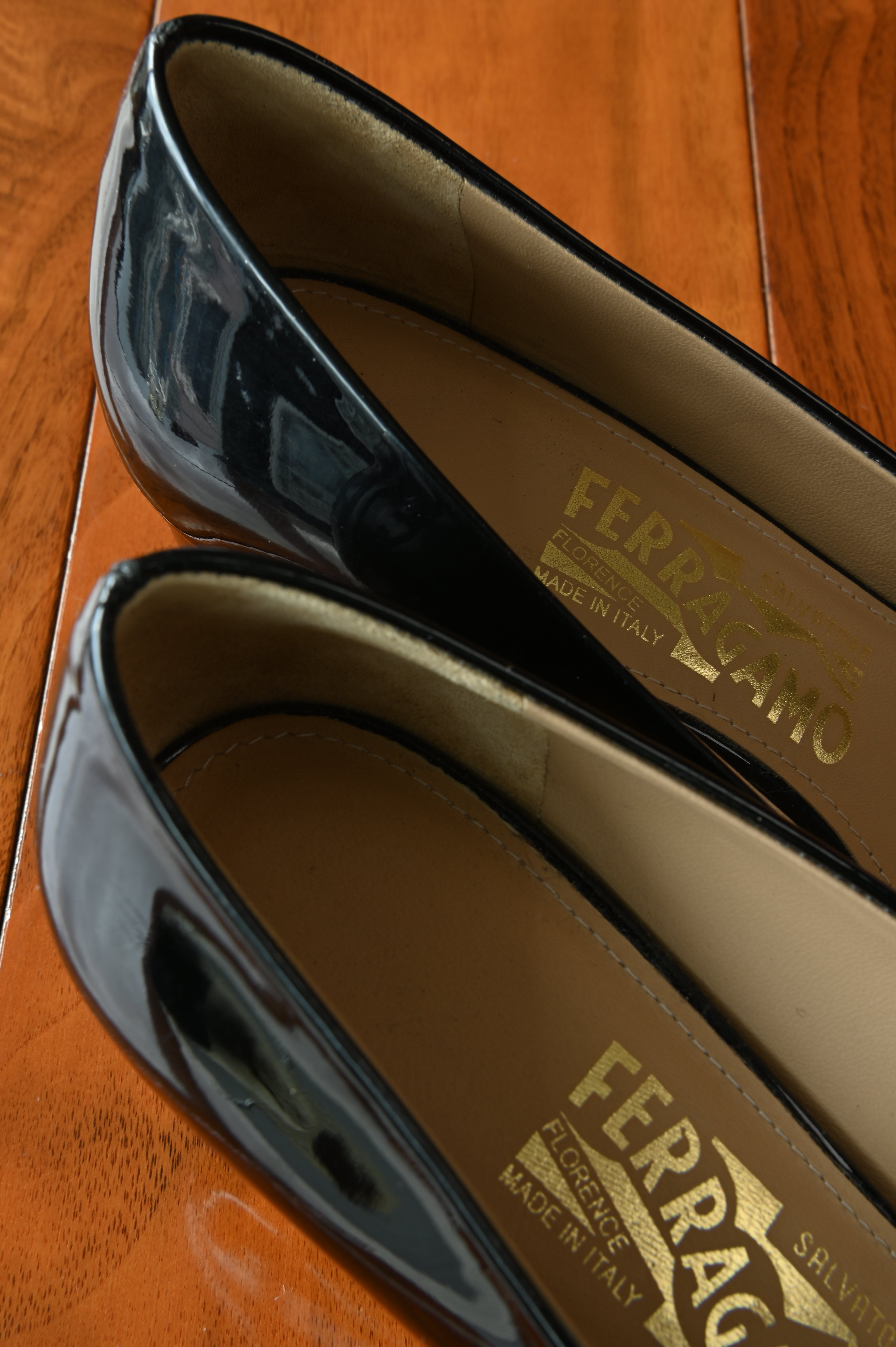 Salvatore Ferragamo Black Patent Pumps back