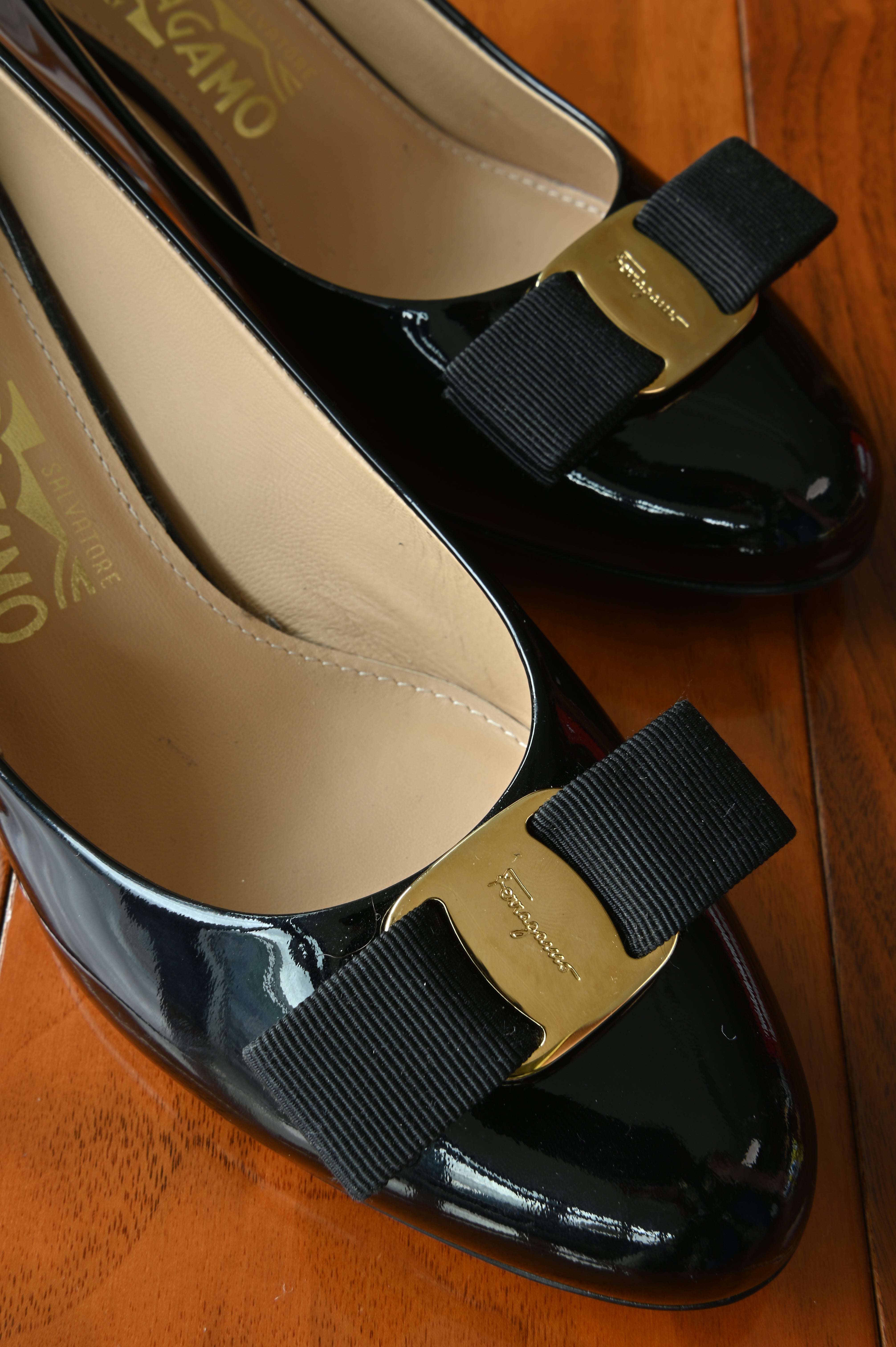 Salvatore Ferragamo Black Patent Pumps front