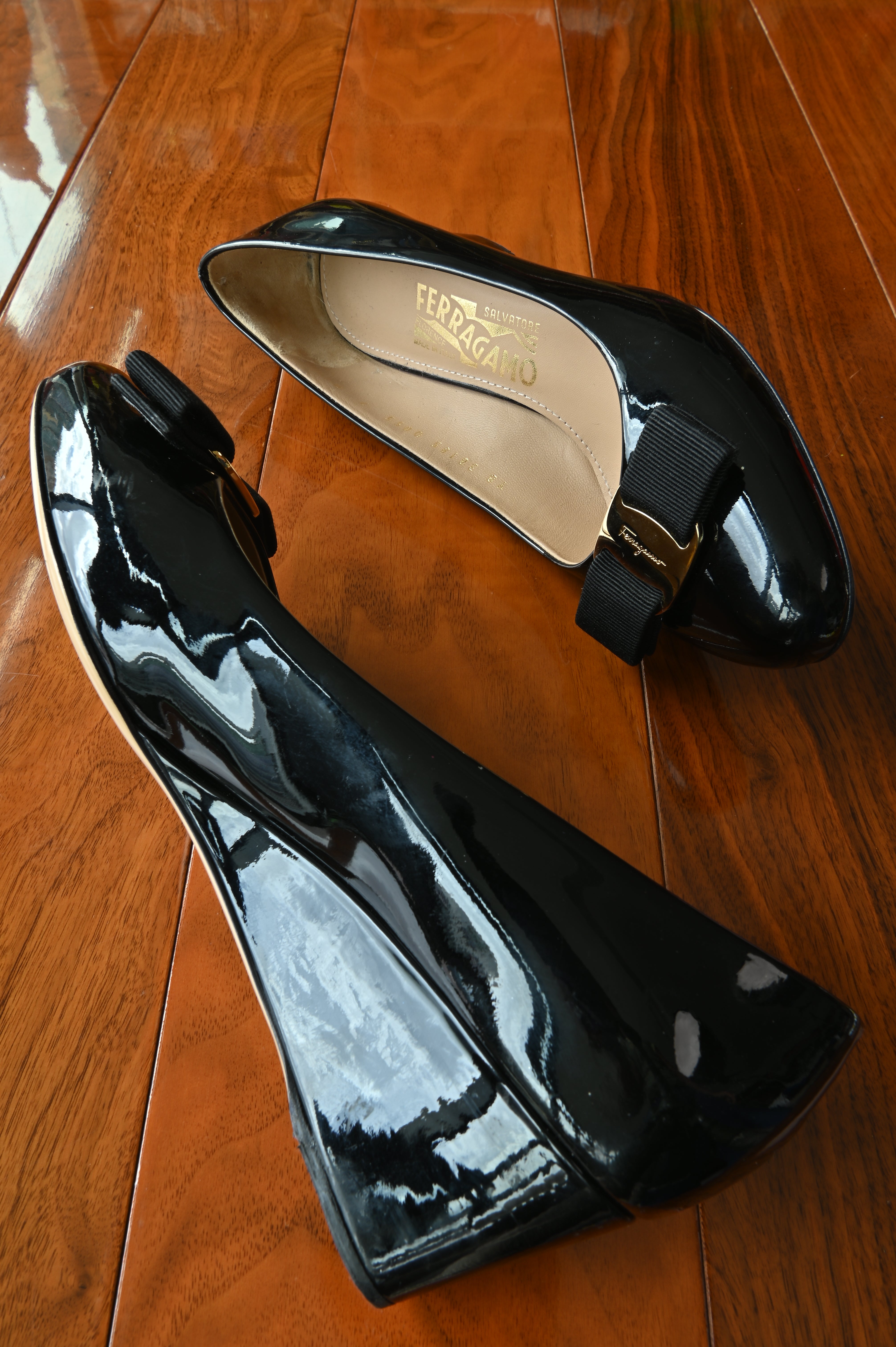 Salvatore Ferragamo Black Patent Pumps side two