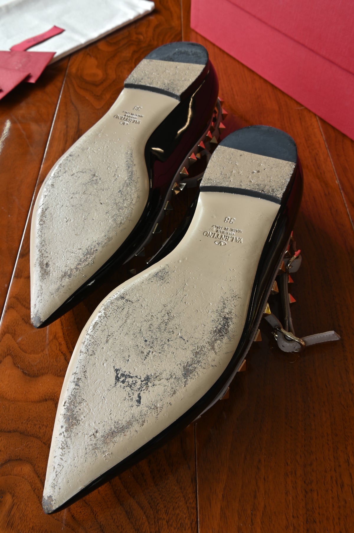 Salvatore Ferragamo Black Patent Studded Flats bottom two
