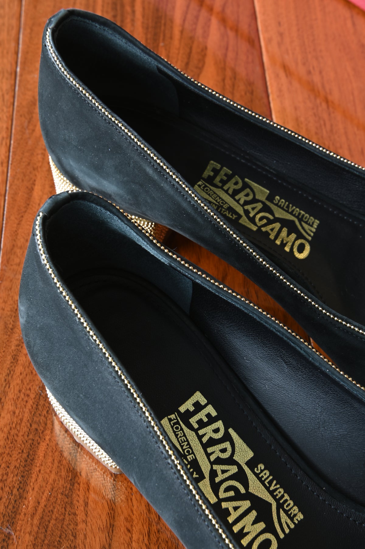 Salvatore Ferragamo Black Velvet Vara Pumps in Gold Hardware back