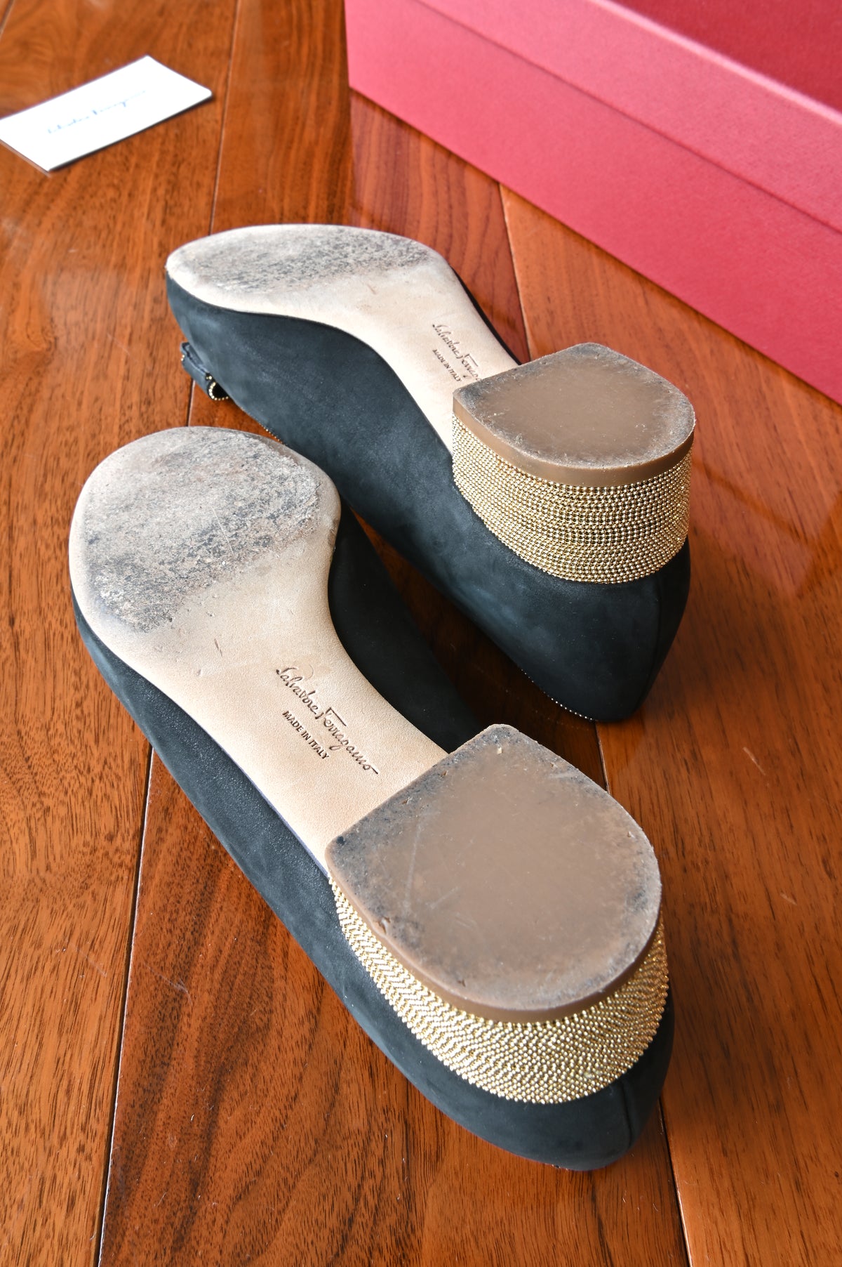 Salvatore Ferragamo Black Velvet Vara Pumps in Gold Hardware bottom