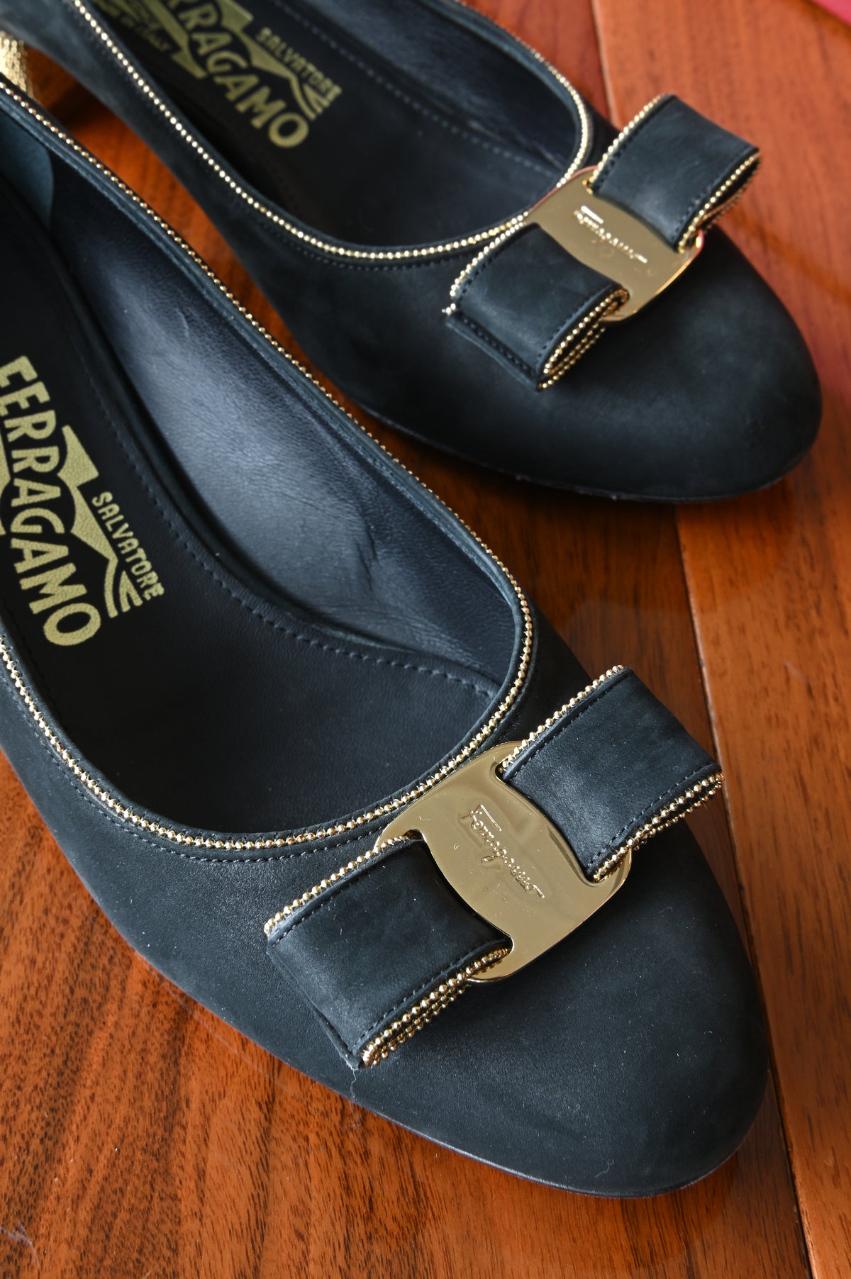Salvatore Ferragamo Black Velvet Vara Pumps in Gold Hardware front