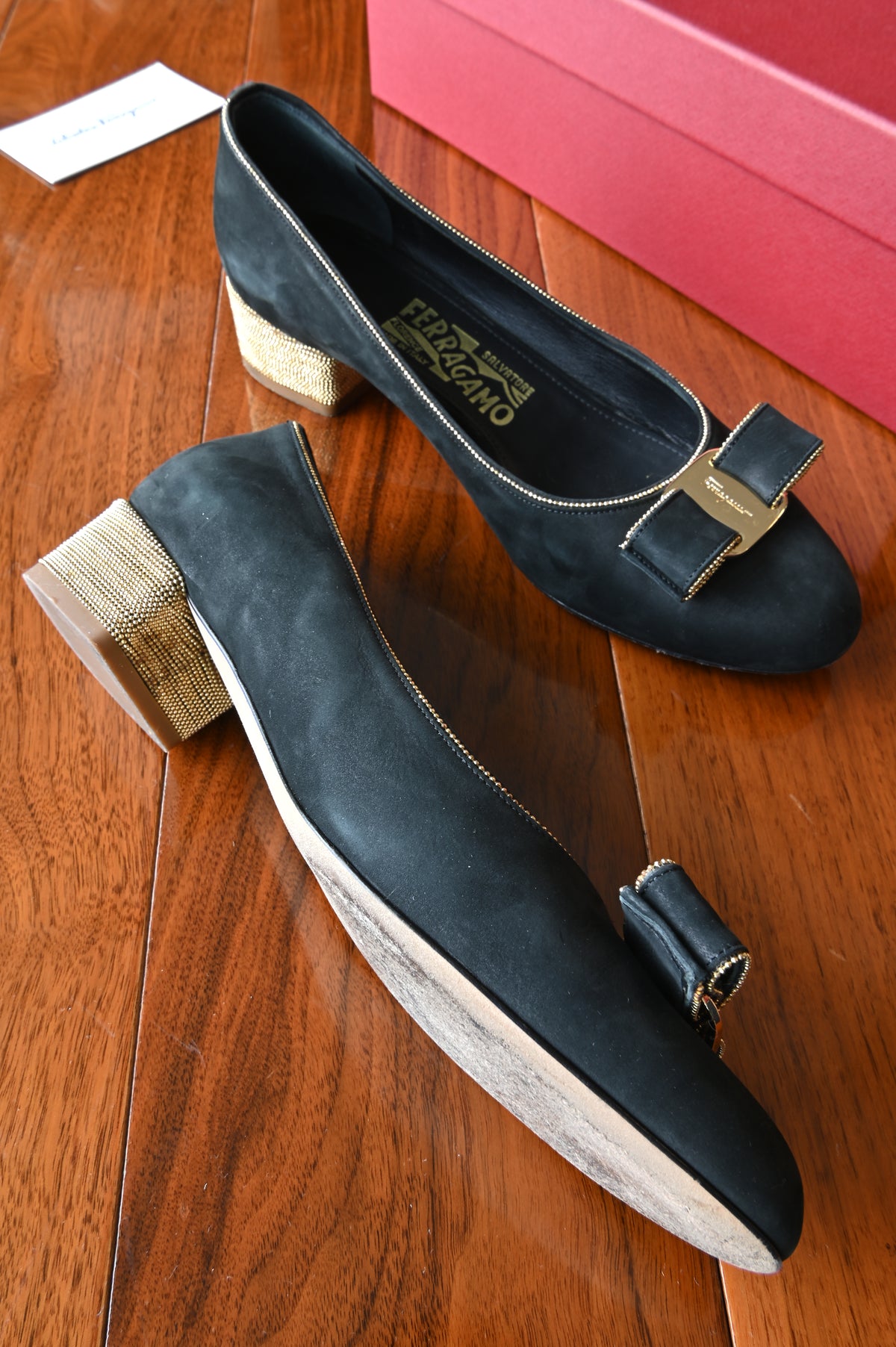 Salvatore Ferragamo Black Velvet Vara Pumps in Gold Hardware left
