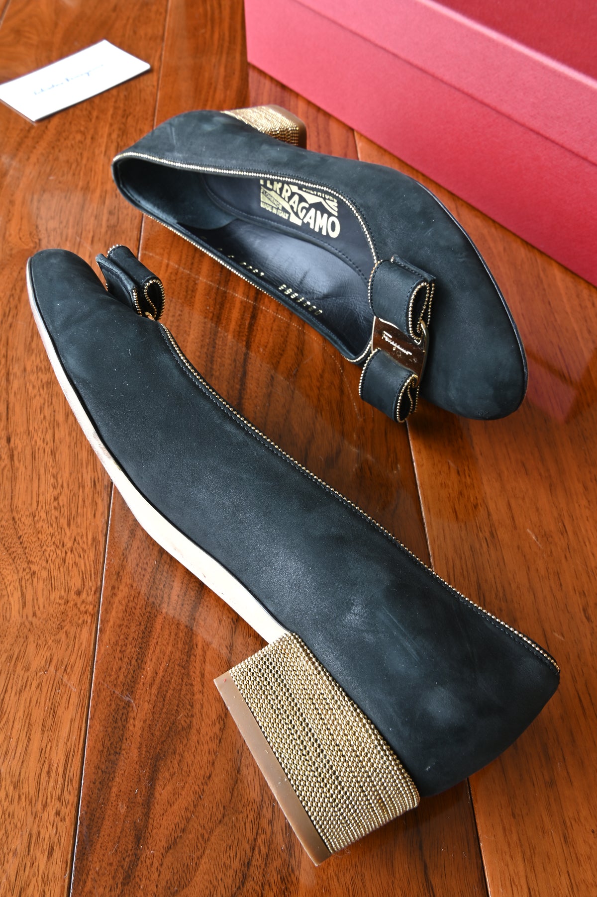 Salvatore Ferragamo Black Velvet Vara Pumps in Gold Hardware side two