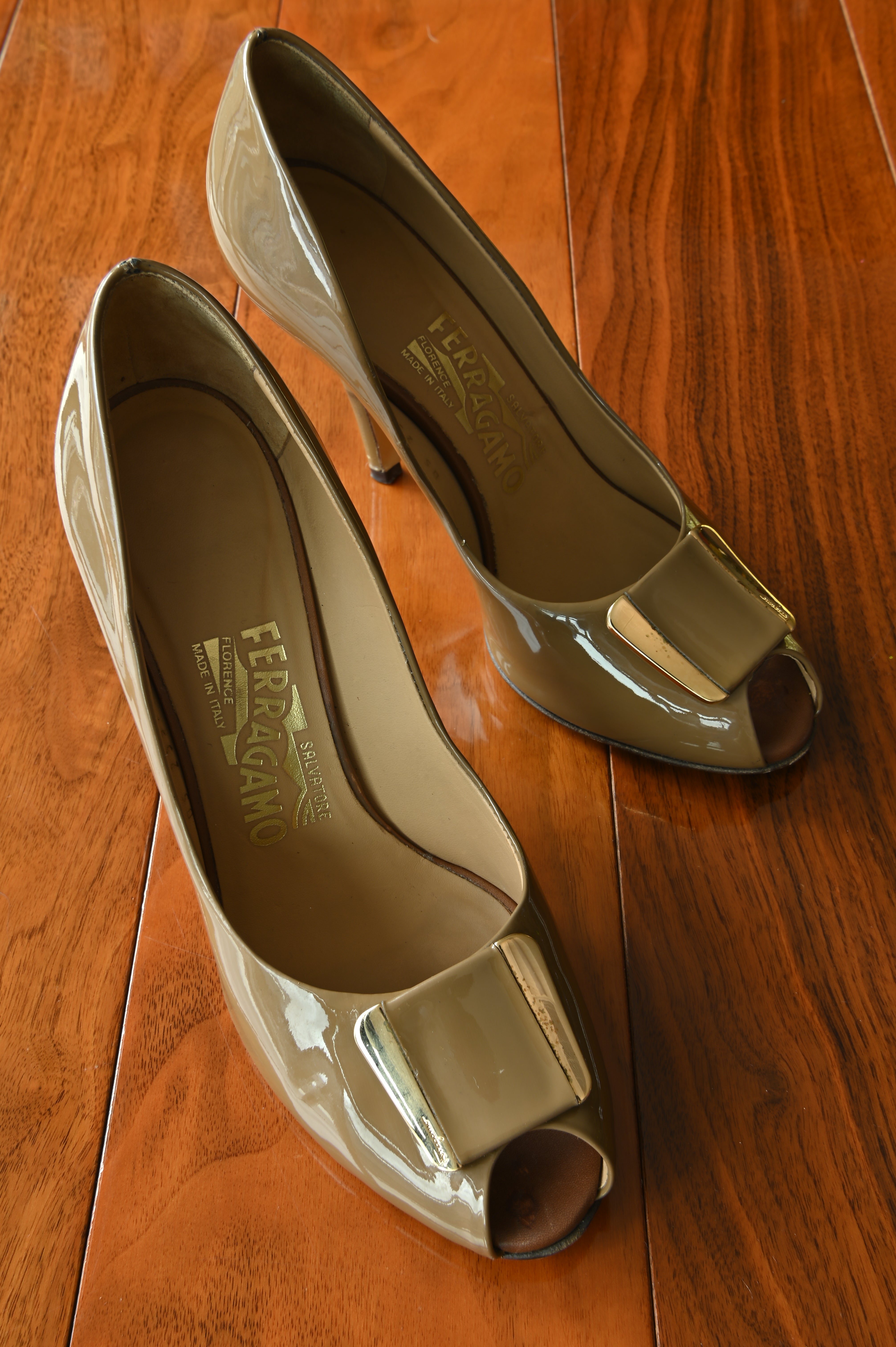 Salvatore Ferragamo Brown Patent Leather Pumps