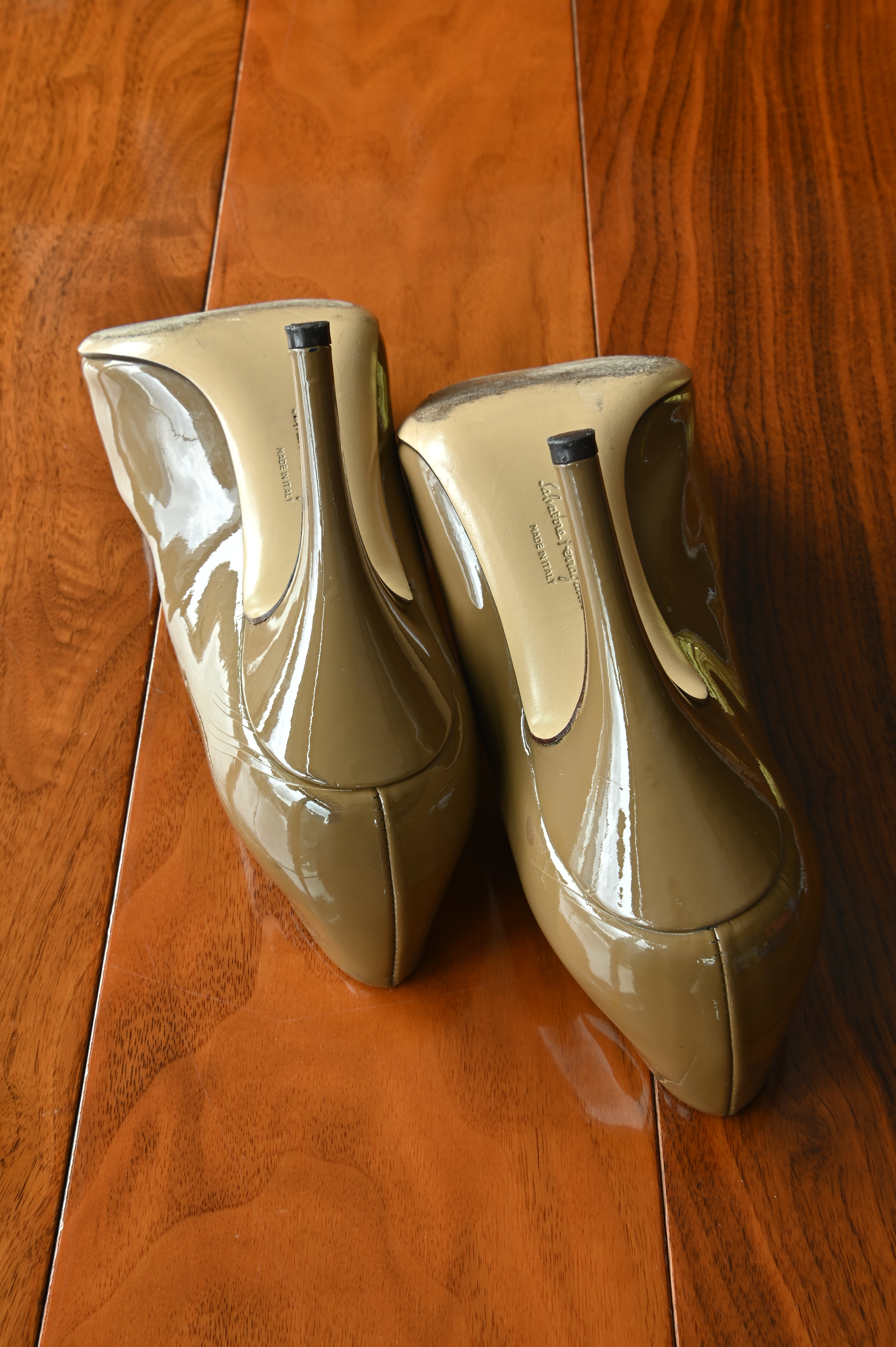 Salvatore Ferragamo Brown Patent Leather Pumps bottom
