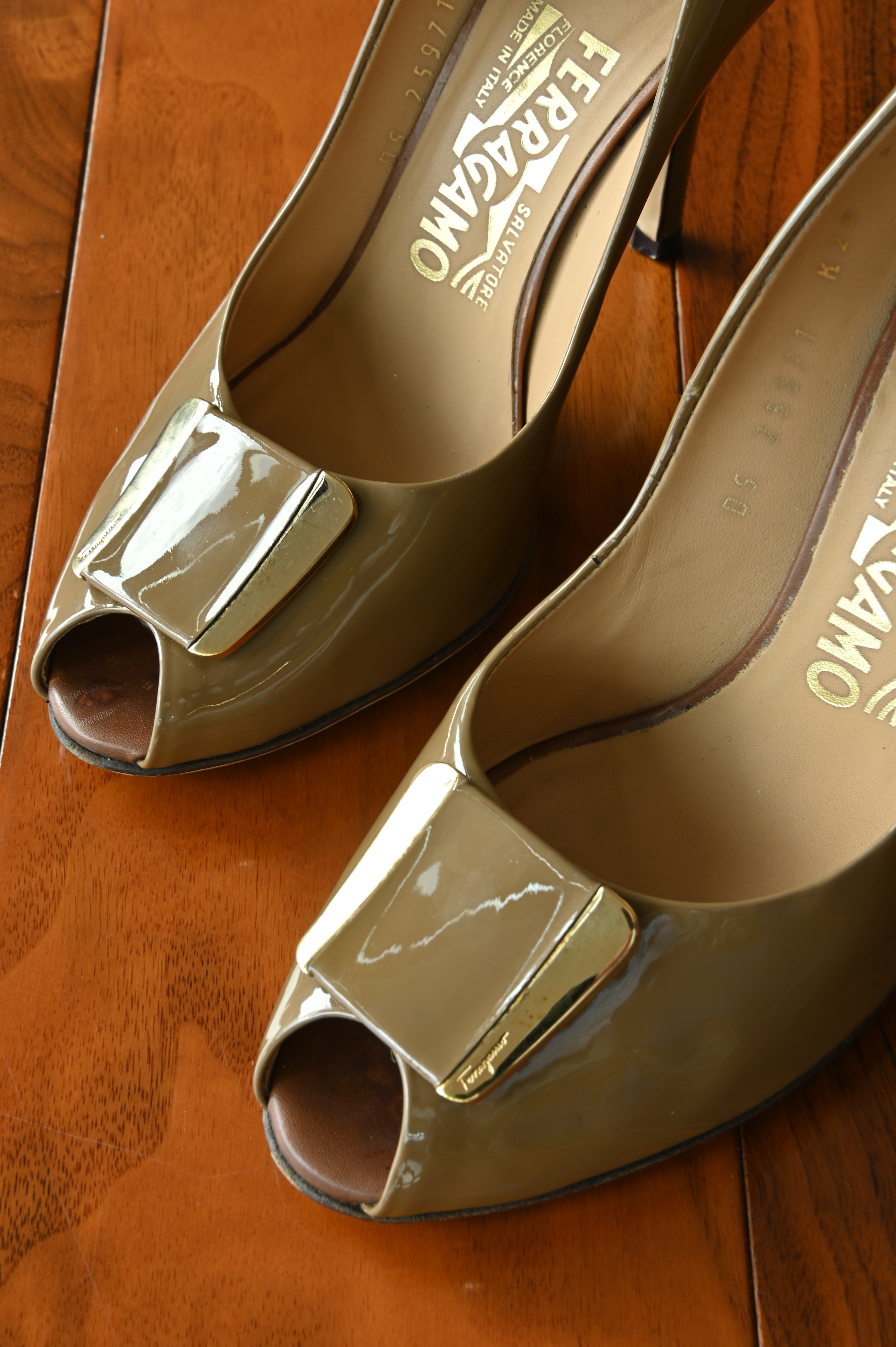 Salvatore Ferragamo Brown Patent Leather Pumps front