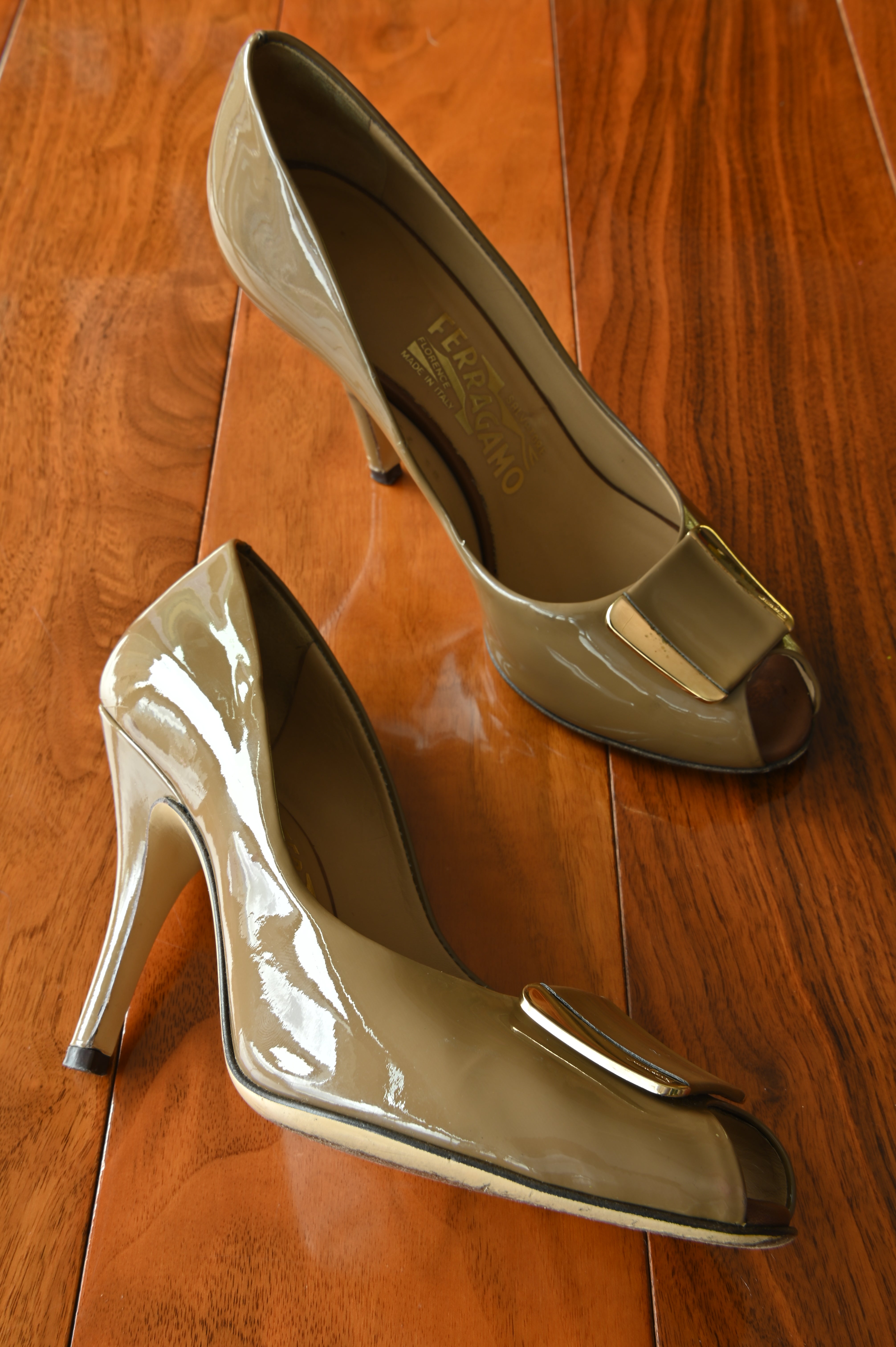 Salvatore Ferragamo Brown Patent Leather Pumps left