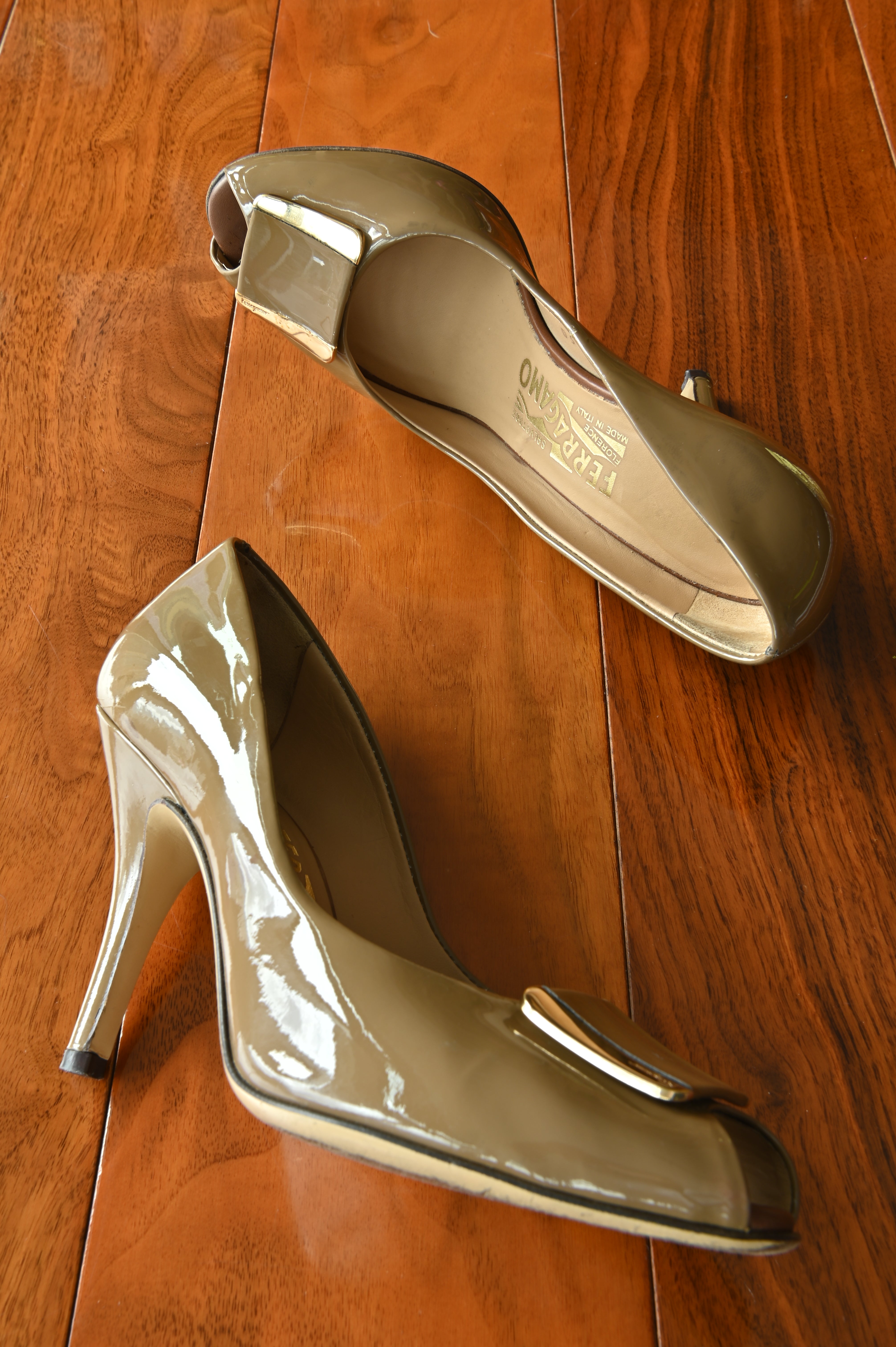 Salvatore Ferragamo Brown Patent Leather Pumps side