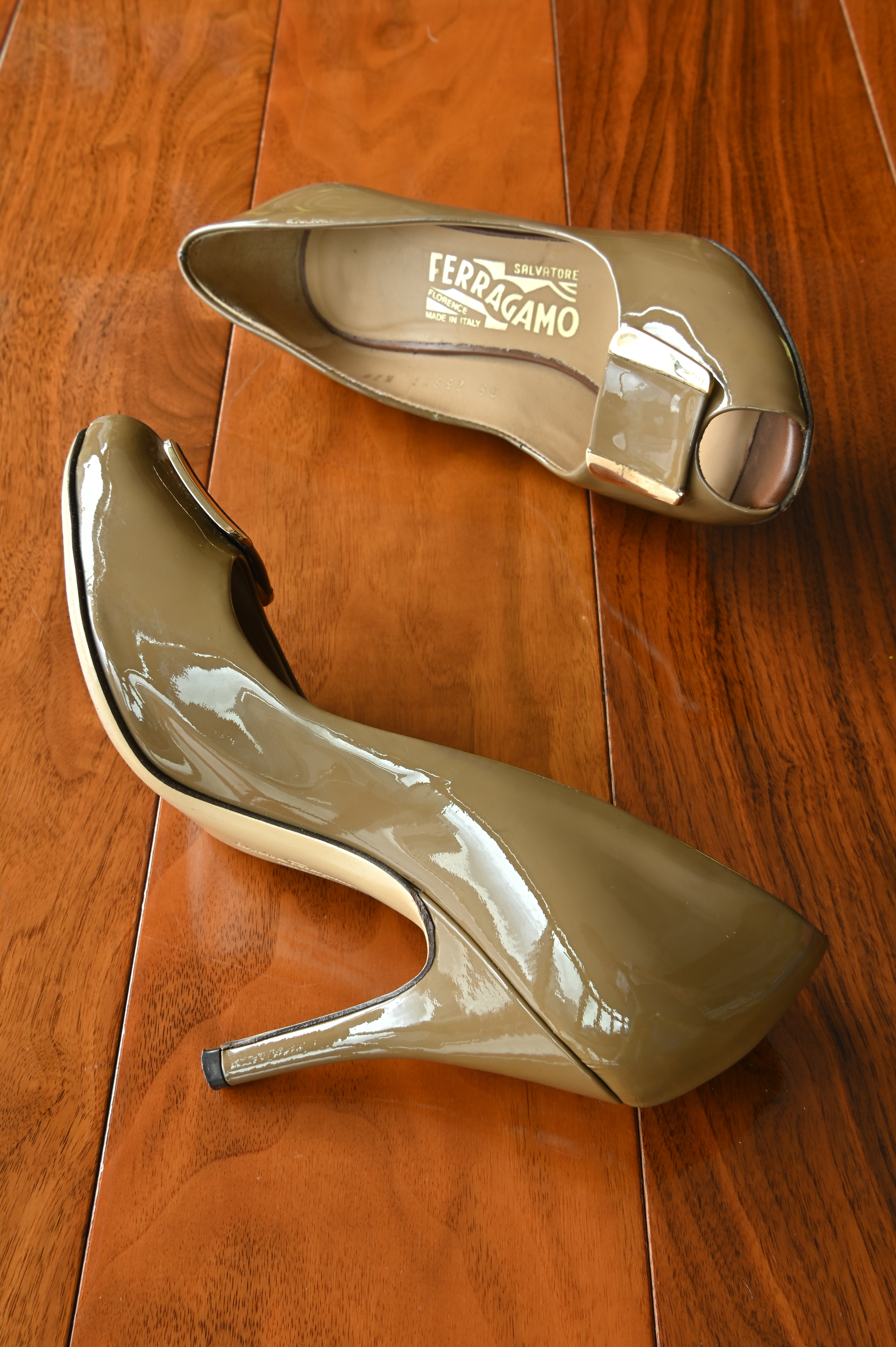 Salvatore Ferragamo Brown Patent Leather Pumps side two