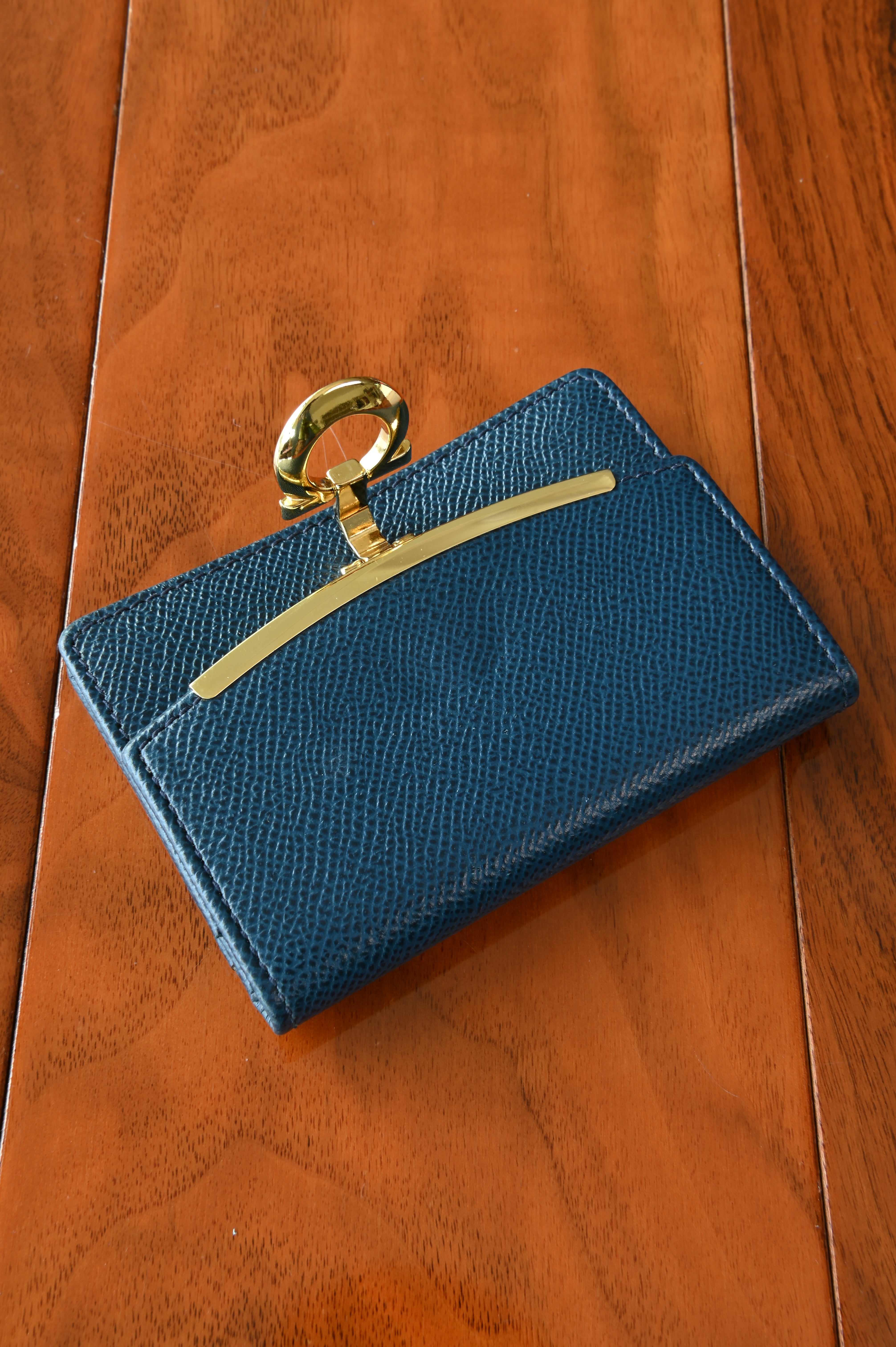 Salvatore Ferragamo Dark Blue Compact Wallet open clasp
