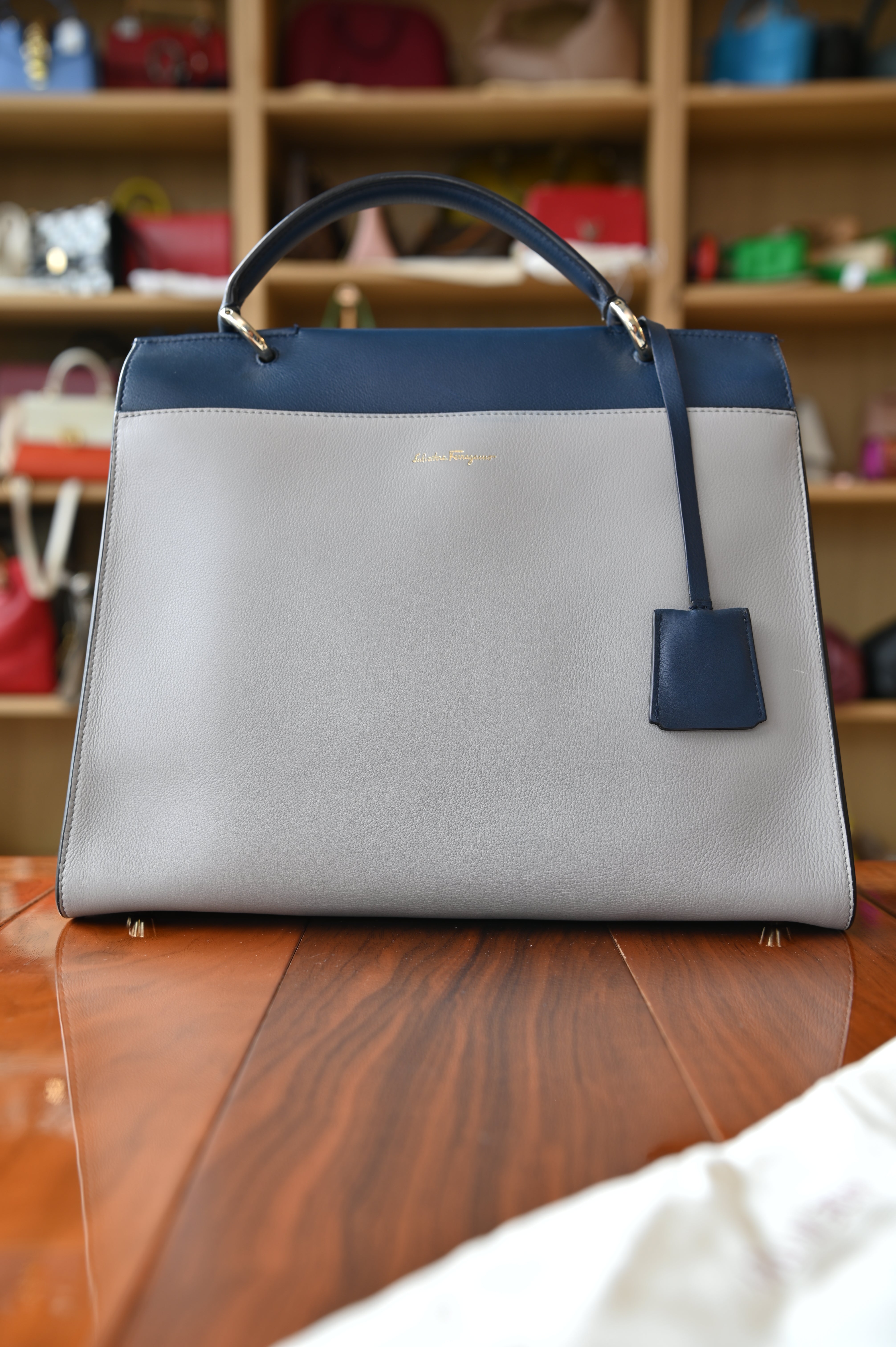 Salvatore Ferragamo Grey Blue Top Handle Bag back