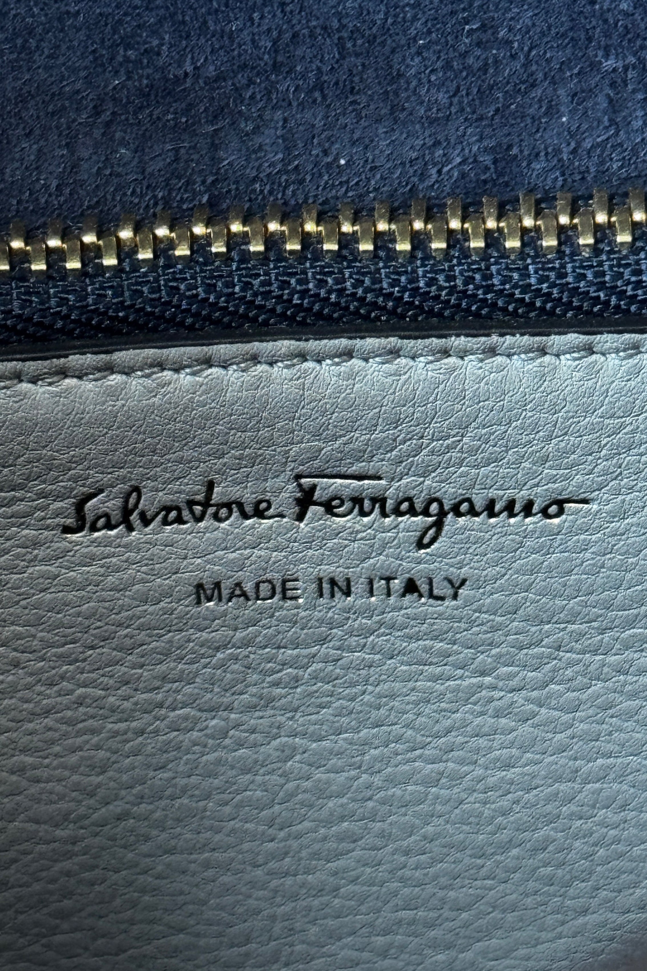 Salvatore Ferragamo Grey Blue Top Handle Bag engraving