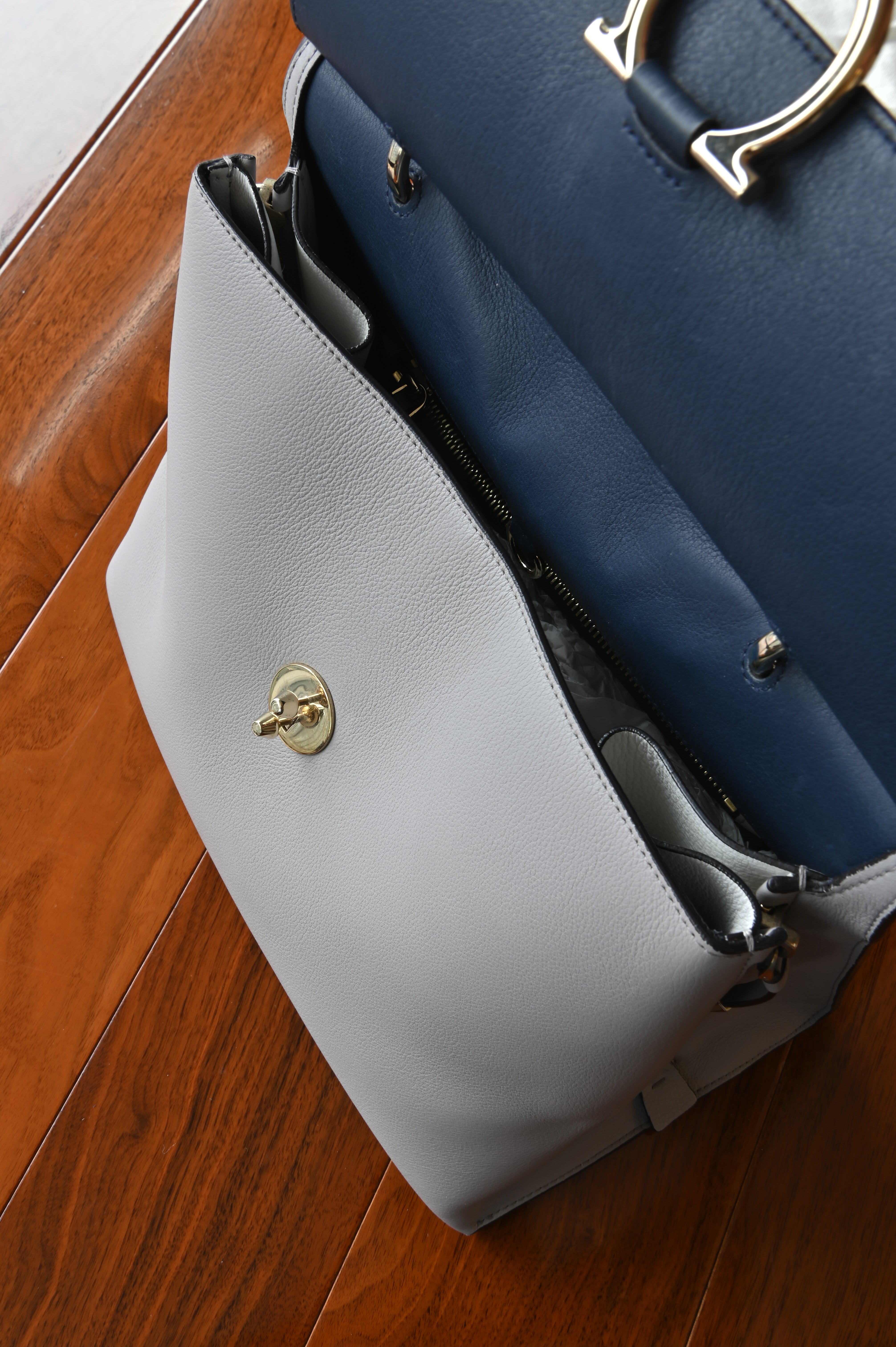 Salvatore Ferragamo Grey Blue Top Handle Bag open